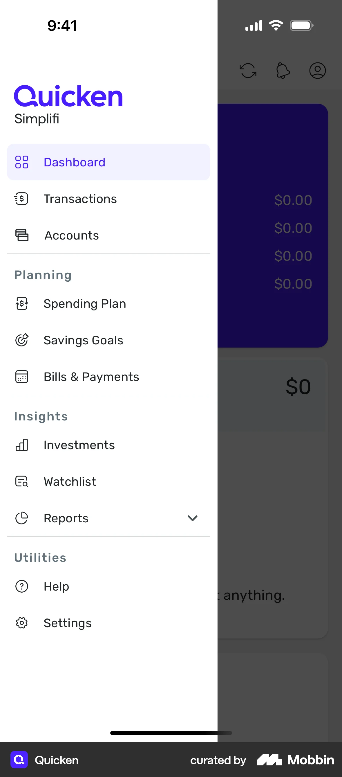 Quicken iOS screen containing Side Navigation UI element