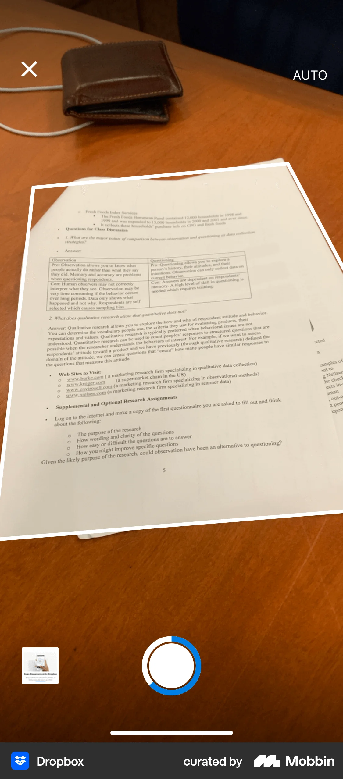 Dropbox iOS Camera & Scanner screen