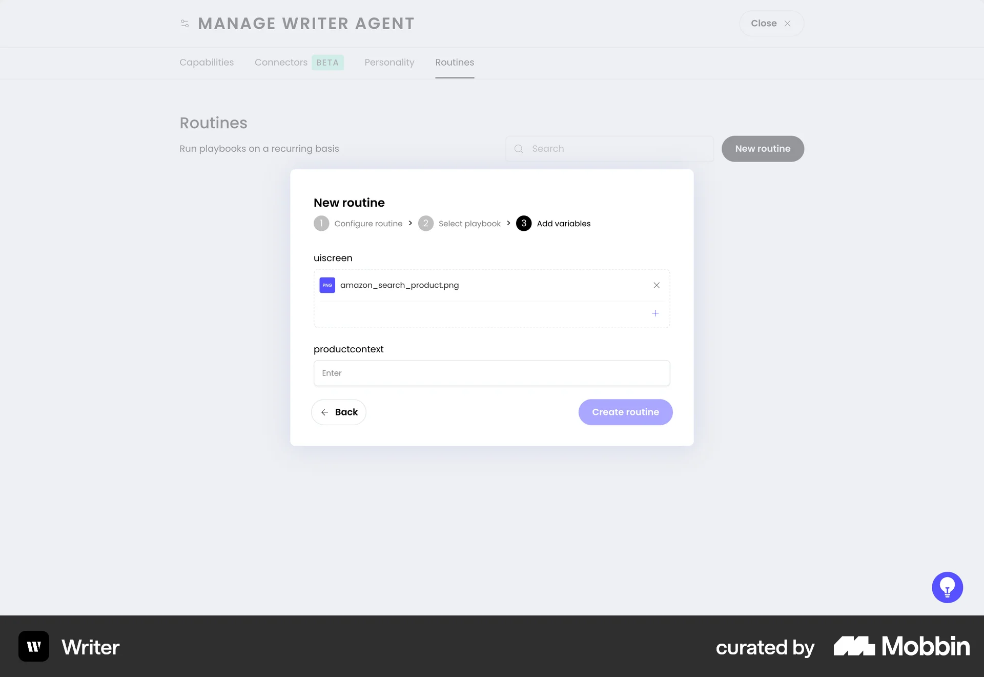 WRITER Web Wizard UI screen