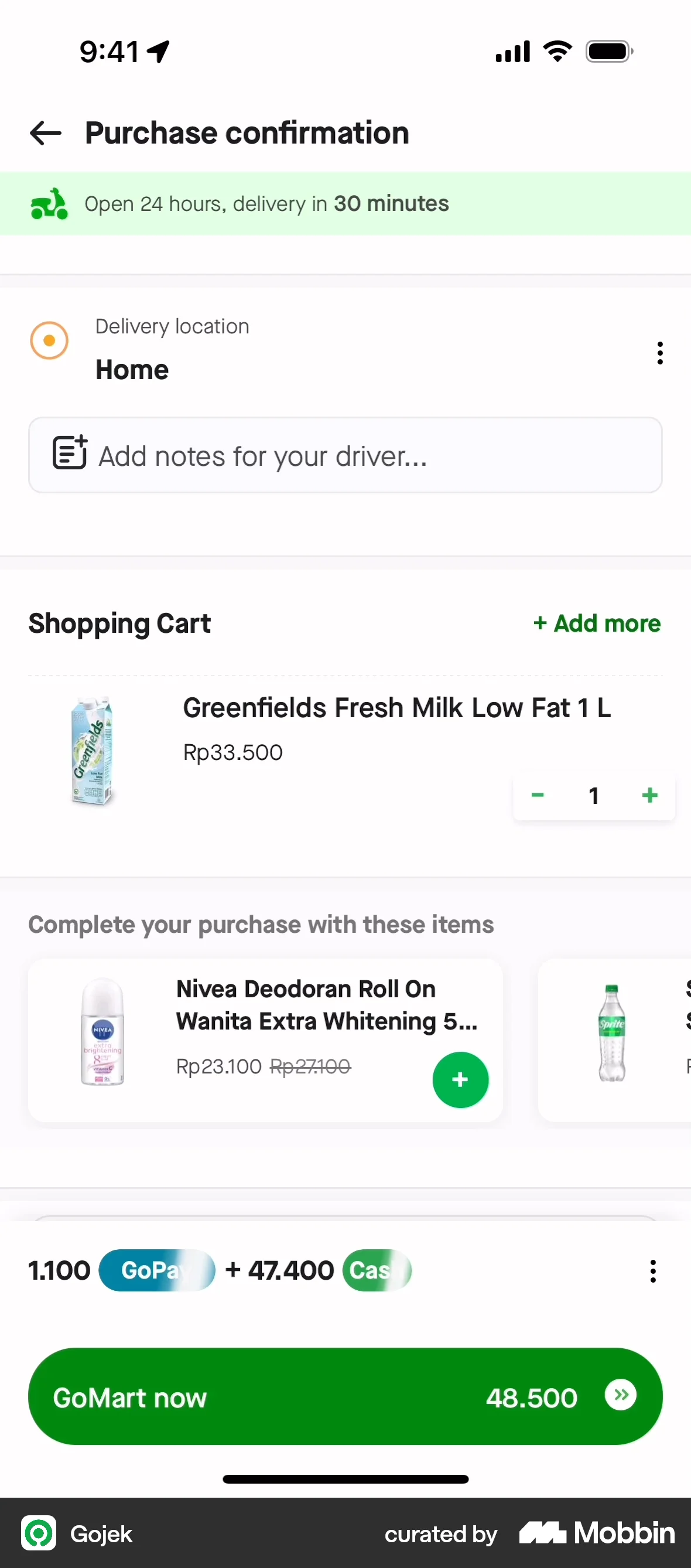 Gojek iOS Mobile Shopping Cart screen