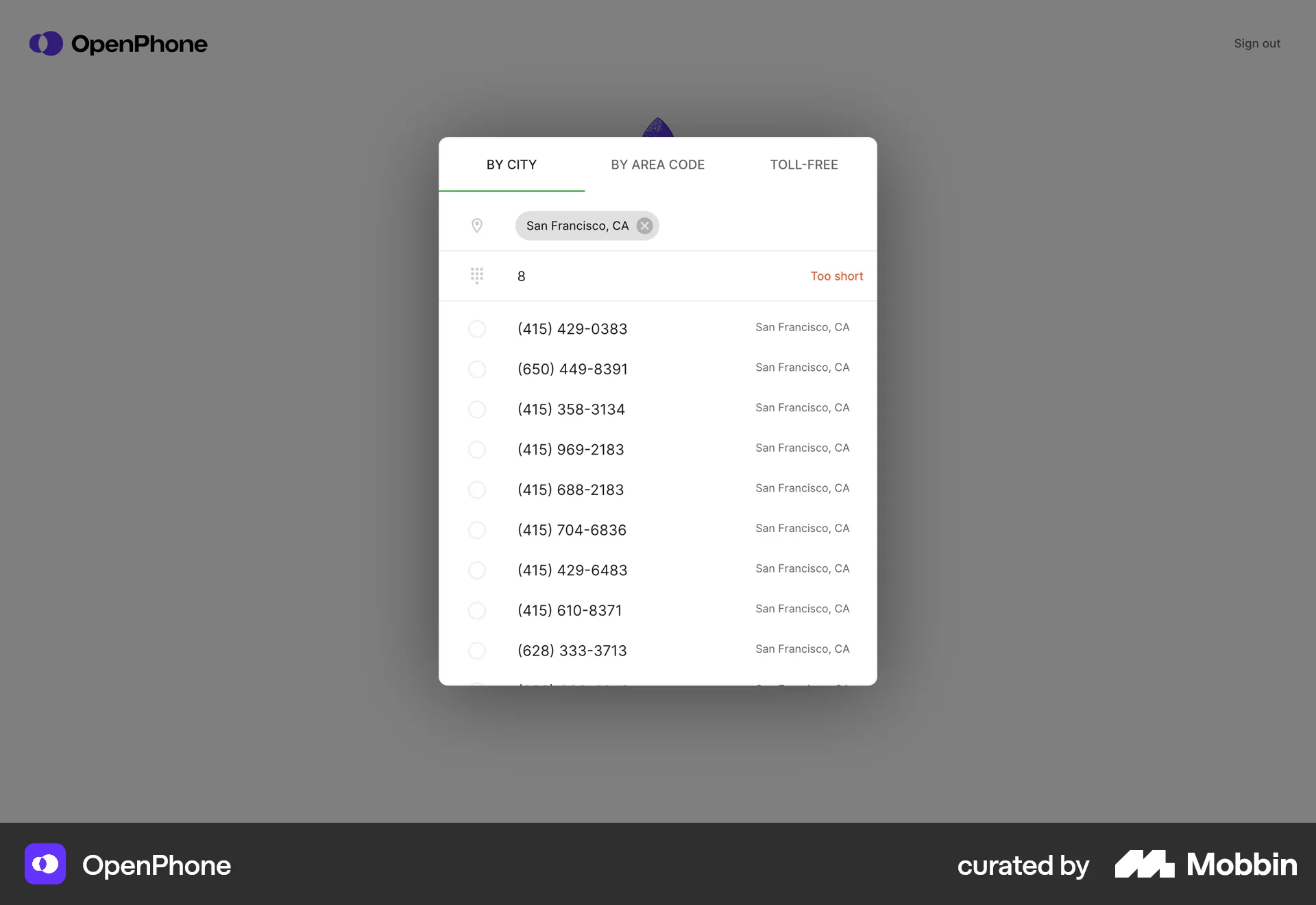OpenPhone Web screen containing Combobox UI element