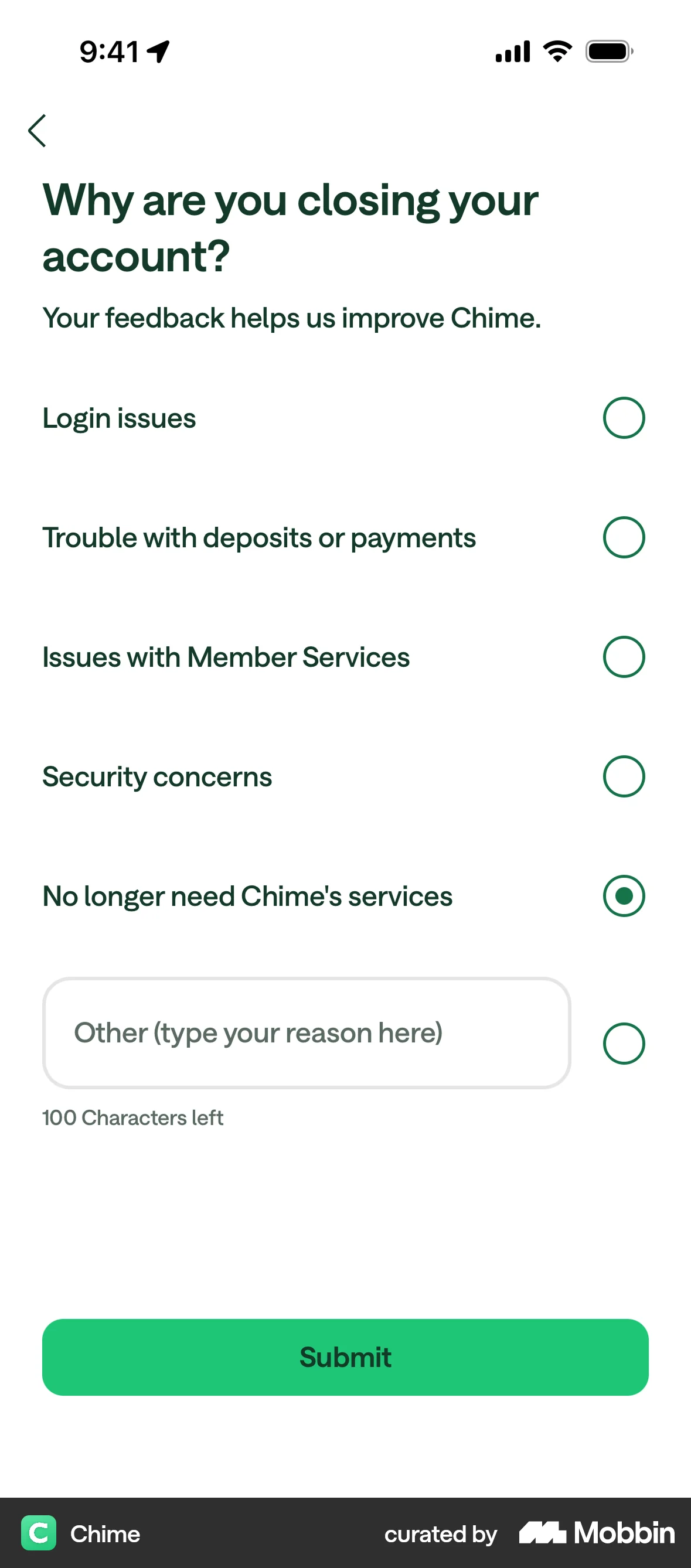 Chime iOS Feedback screen