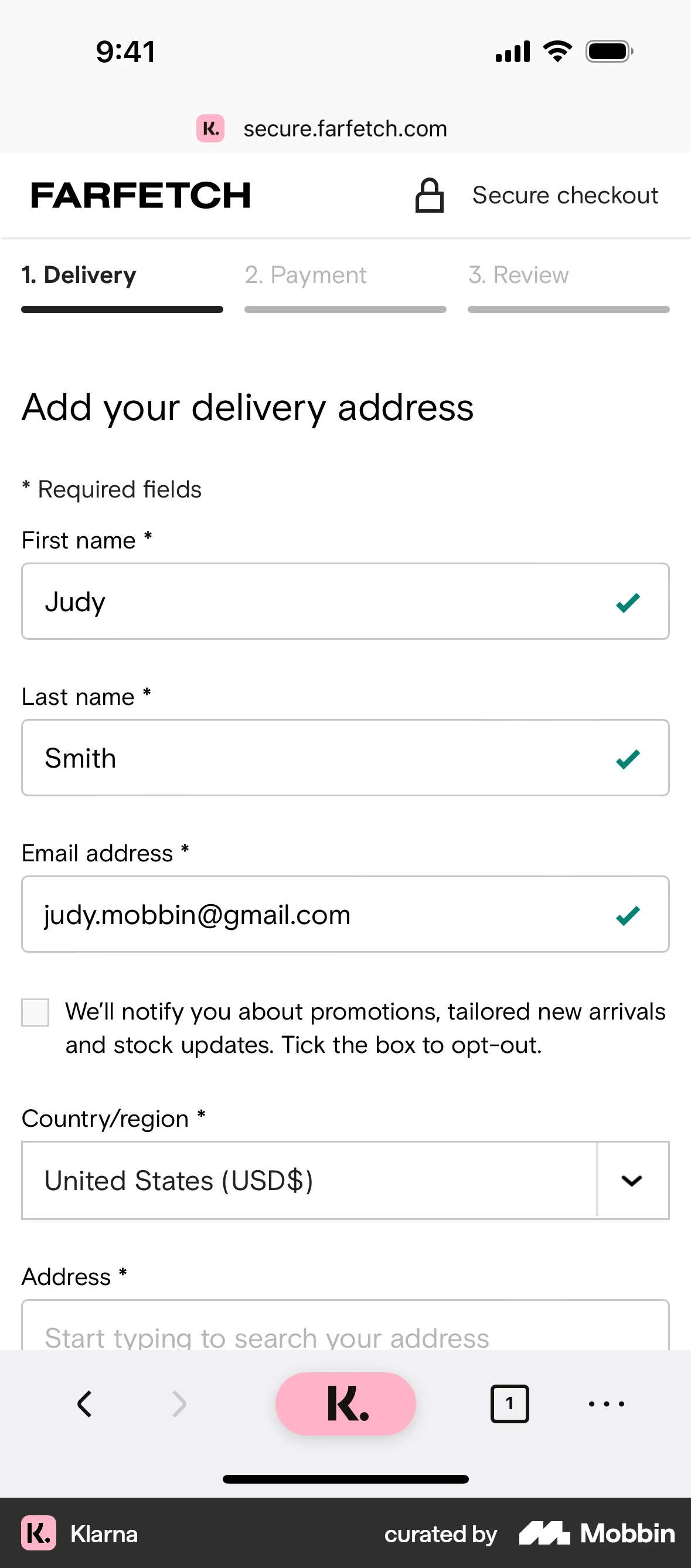 Klarna iOS Checkout screen