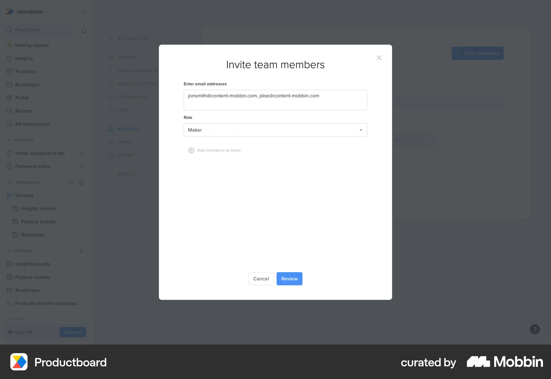 Productboard Web Invite & Refer Friends screen