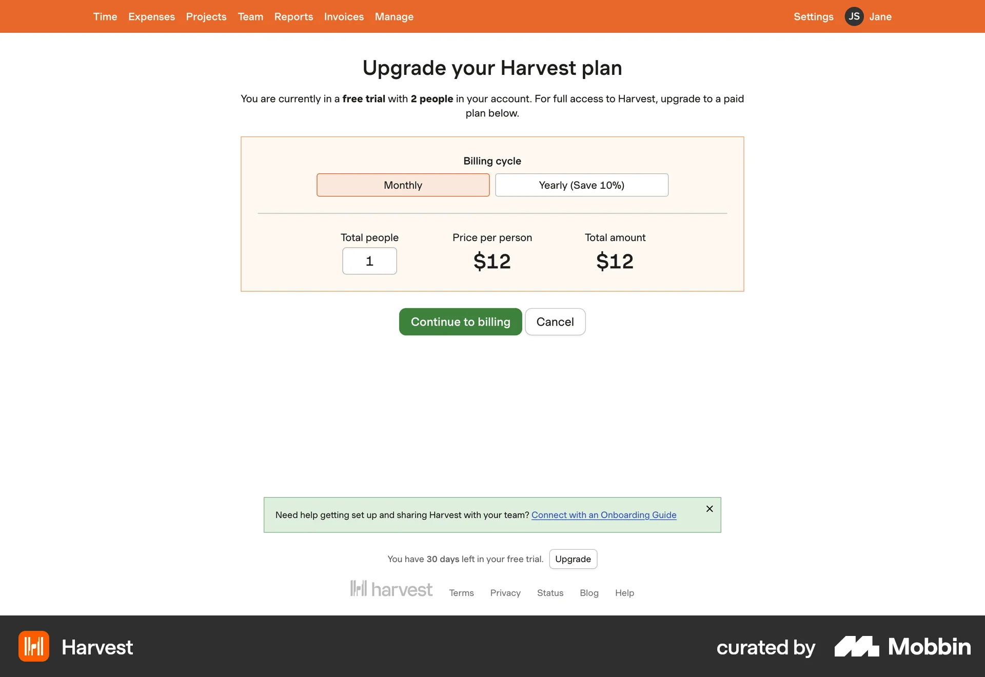 Harvest Web Pricing screen