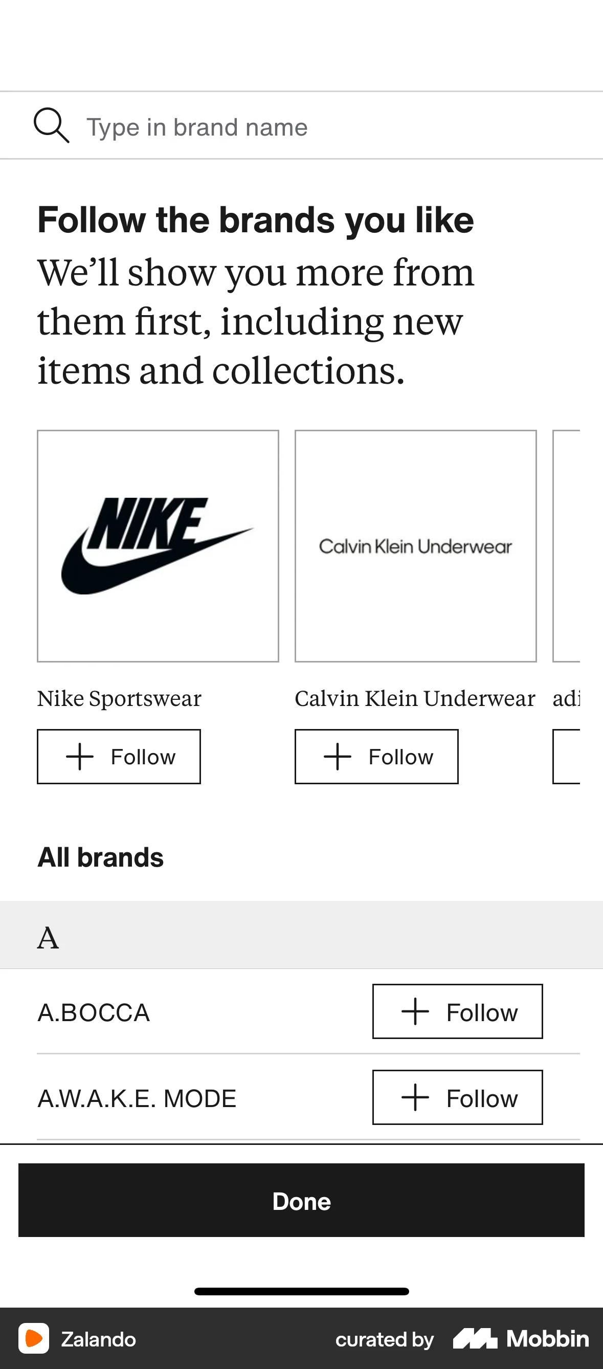 Zalando iOS Follow & Subscribe screen