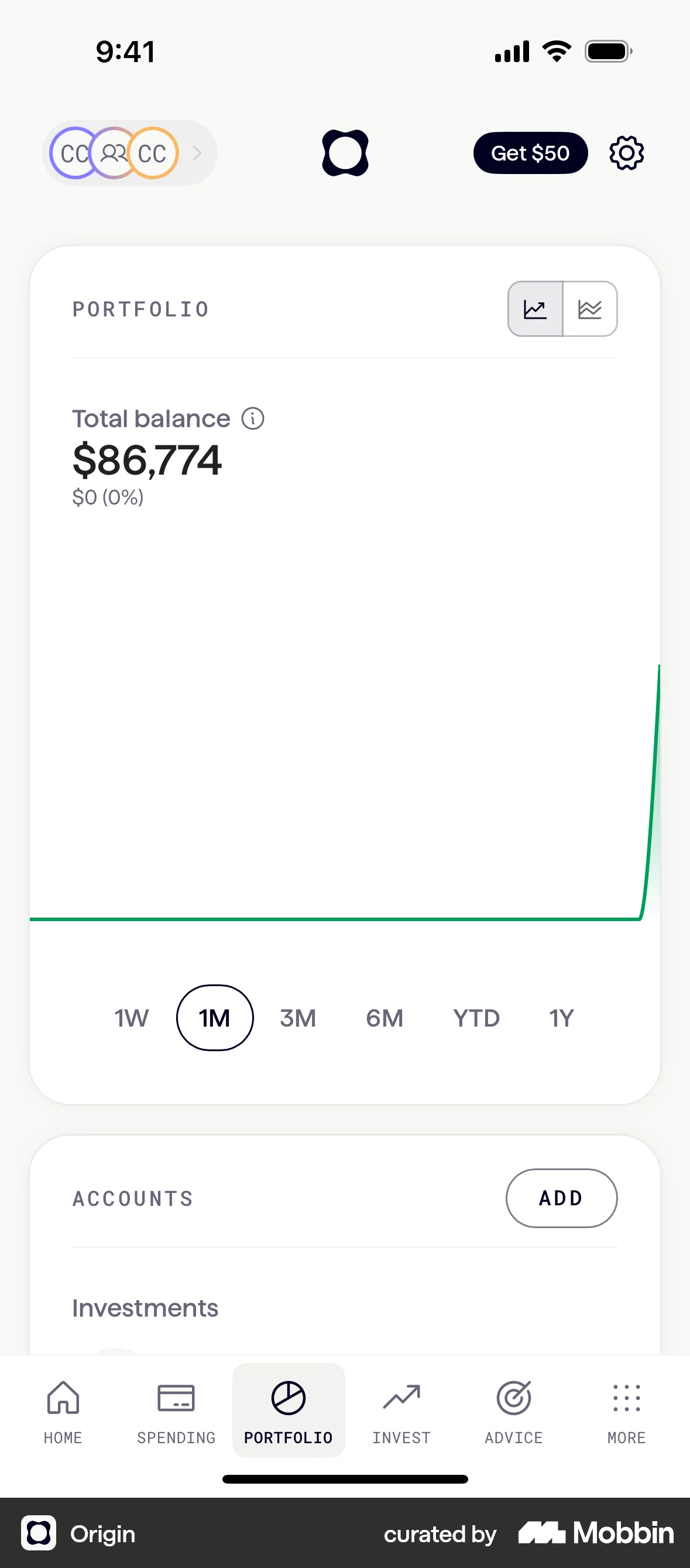 Origin iOS Wallet & Balance screen