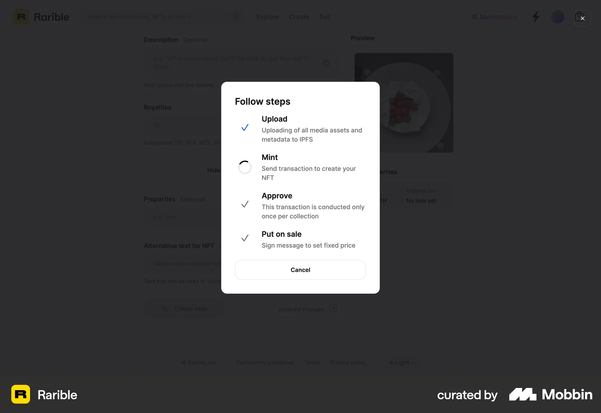 Rarible Web Progress screen
