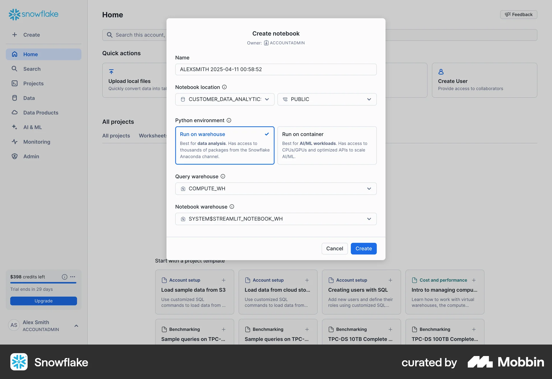 Snowflake Web screen containing Tile UI element