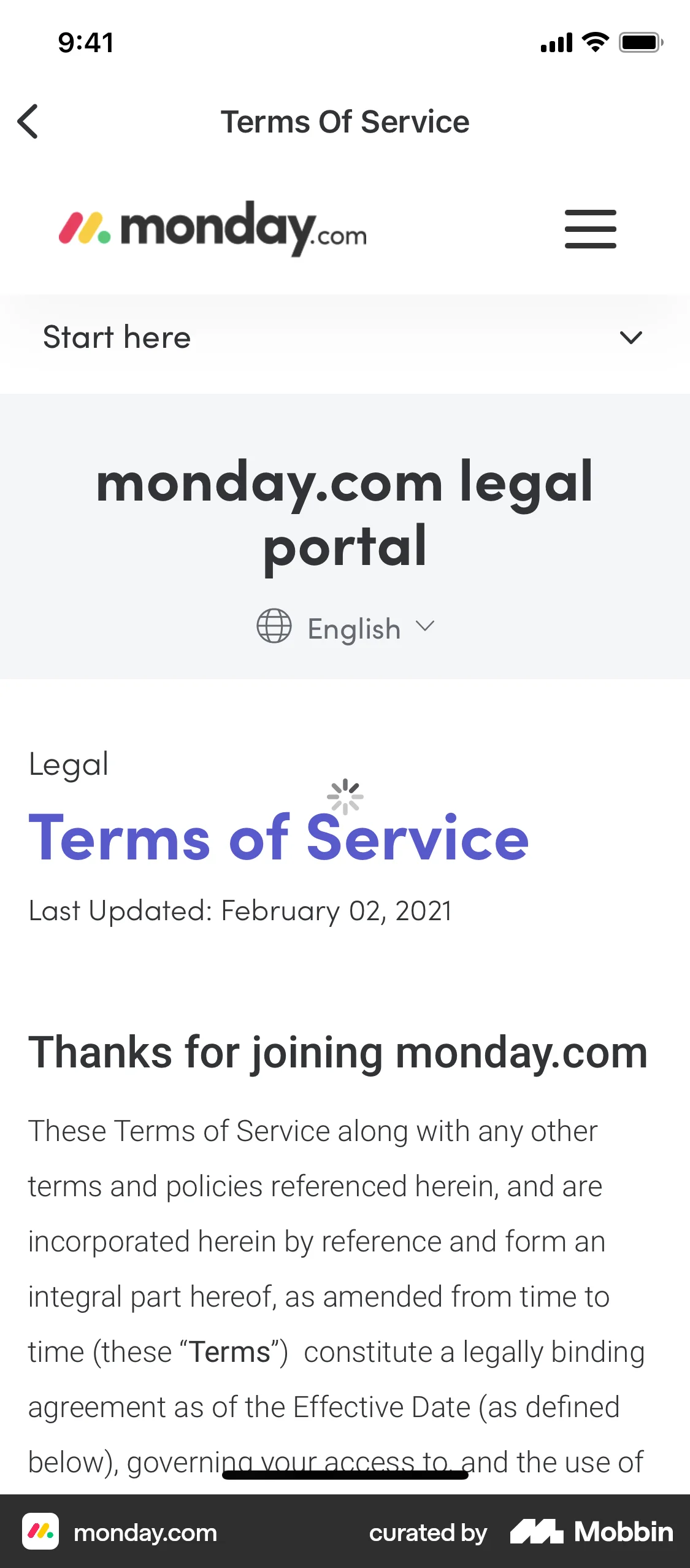 monday.com iOS Terms & Conditions screen