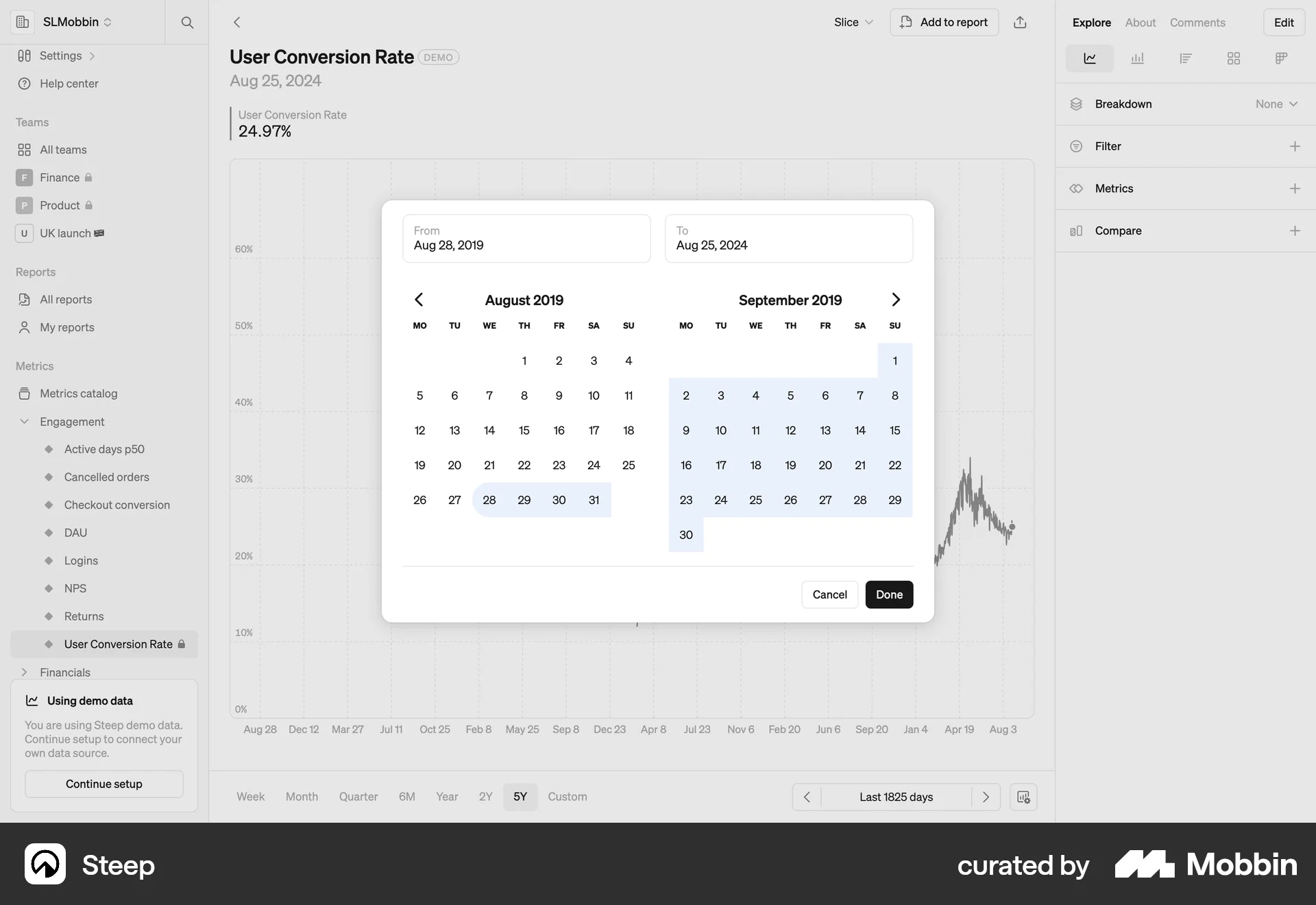 Steep Web screen containing Date Picker UI element
