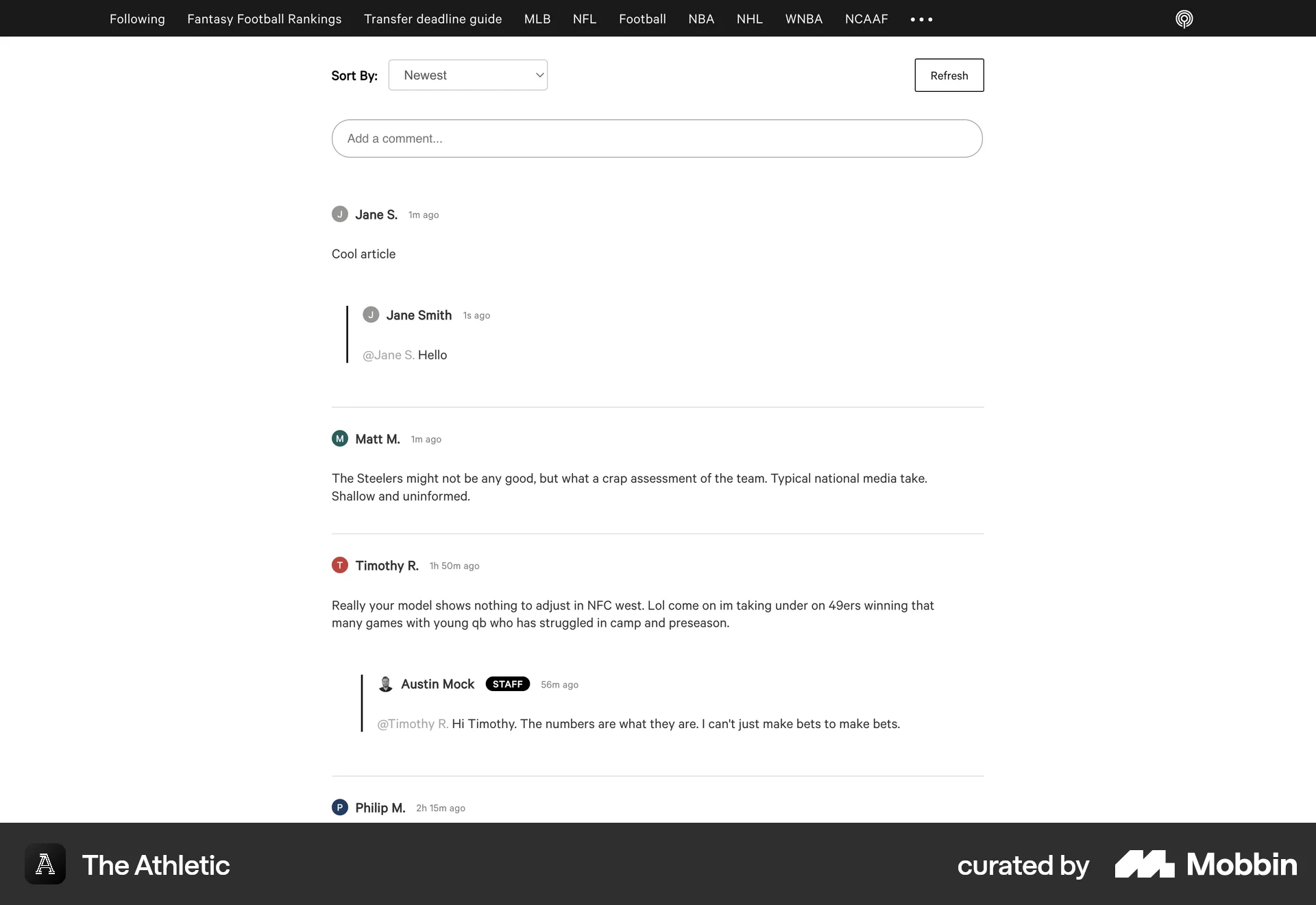The Athletic Web Comments screen