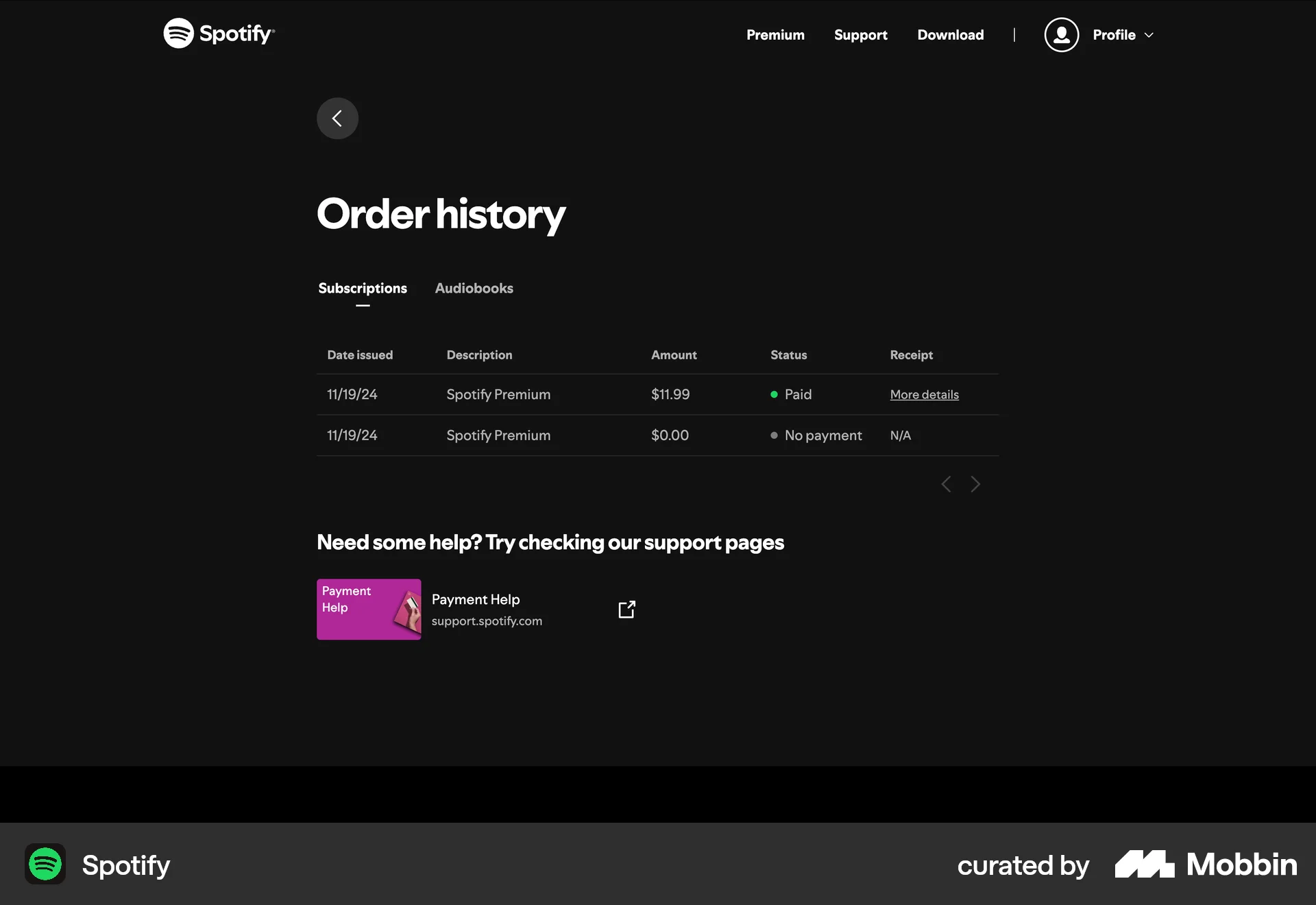 Spotify Web Order History screen