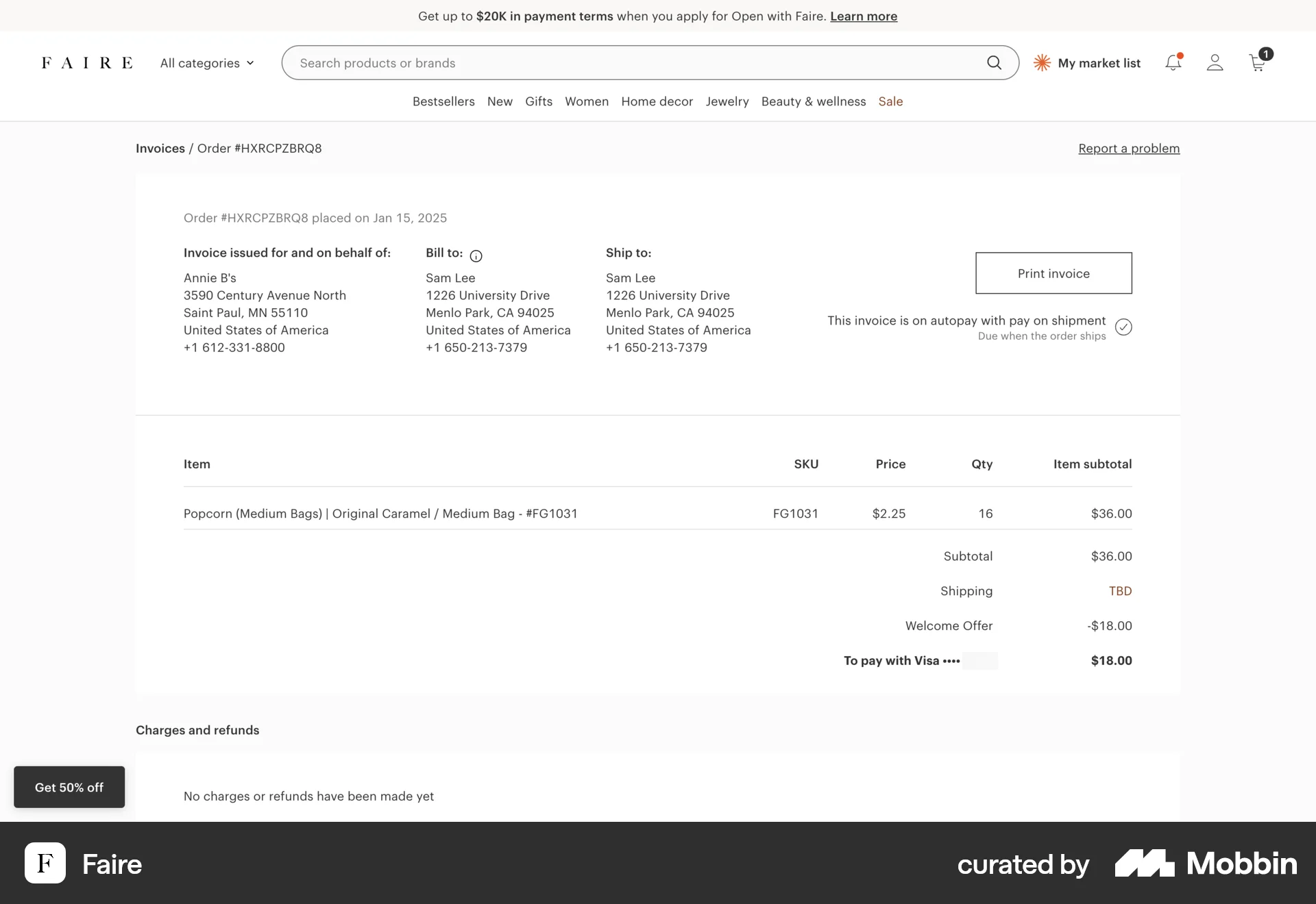 Faire Web Order Detail screen