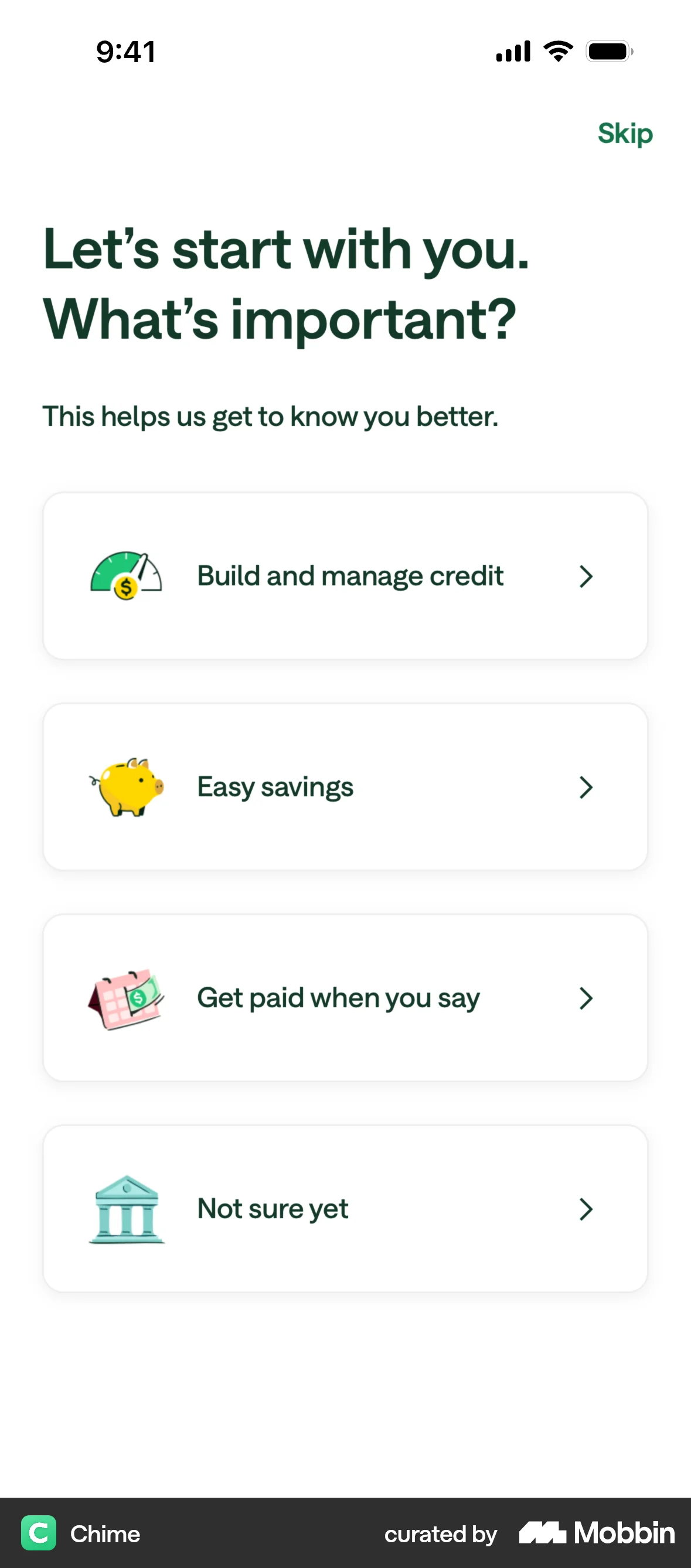 Chime Onboarding screen
