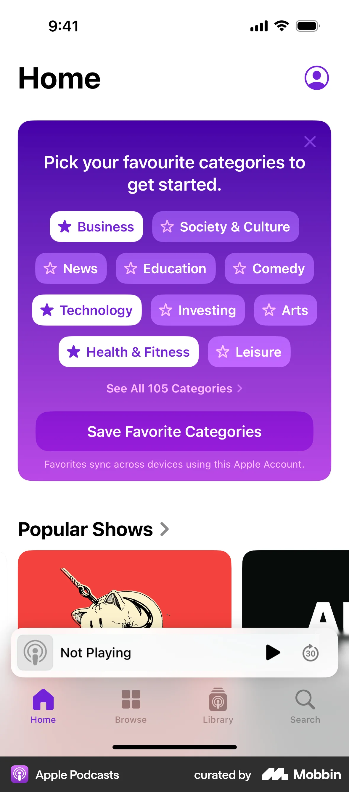 Apple Podcasts iOS Favorite & Pin screen