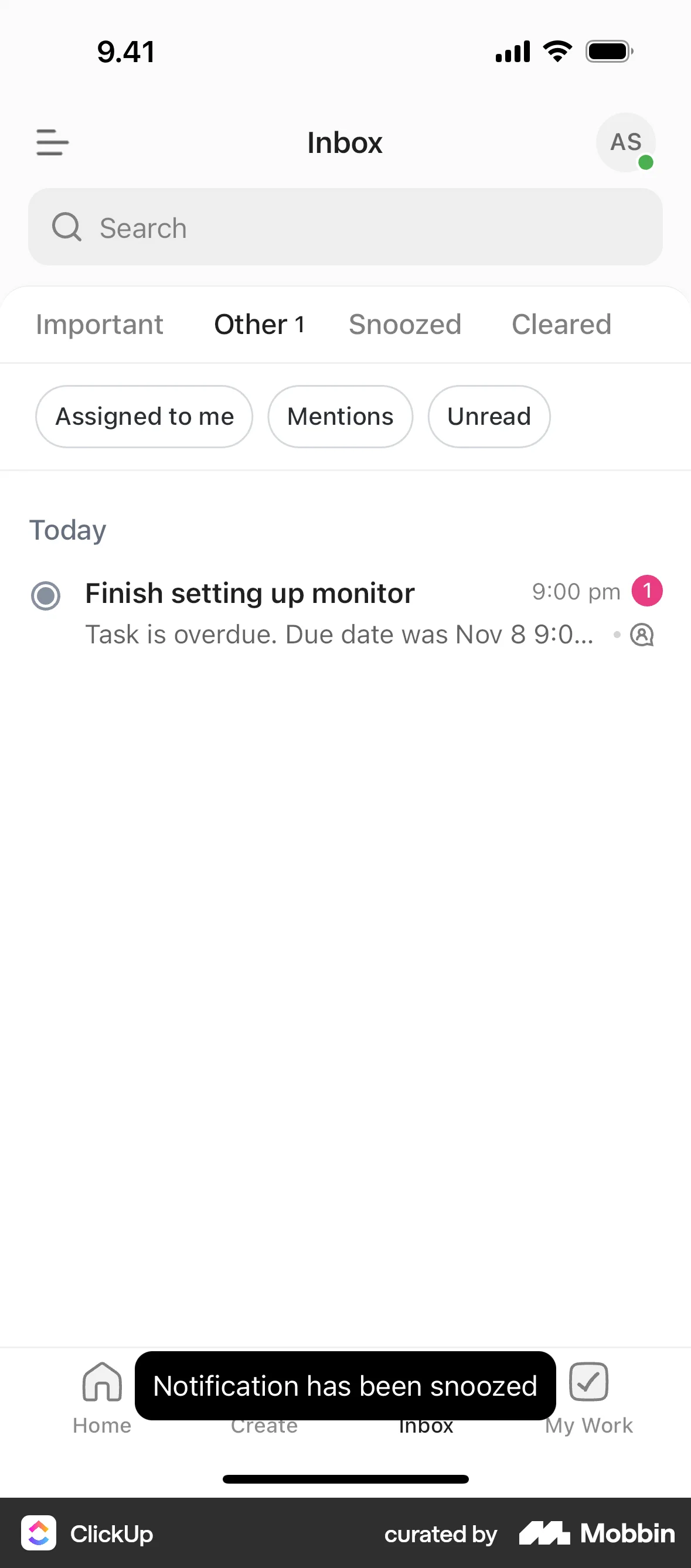 ClickUp iOS screen containing Toast UI element