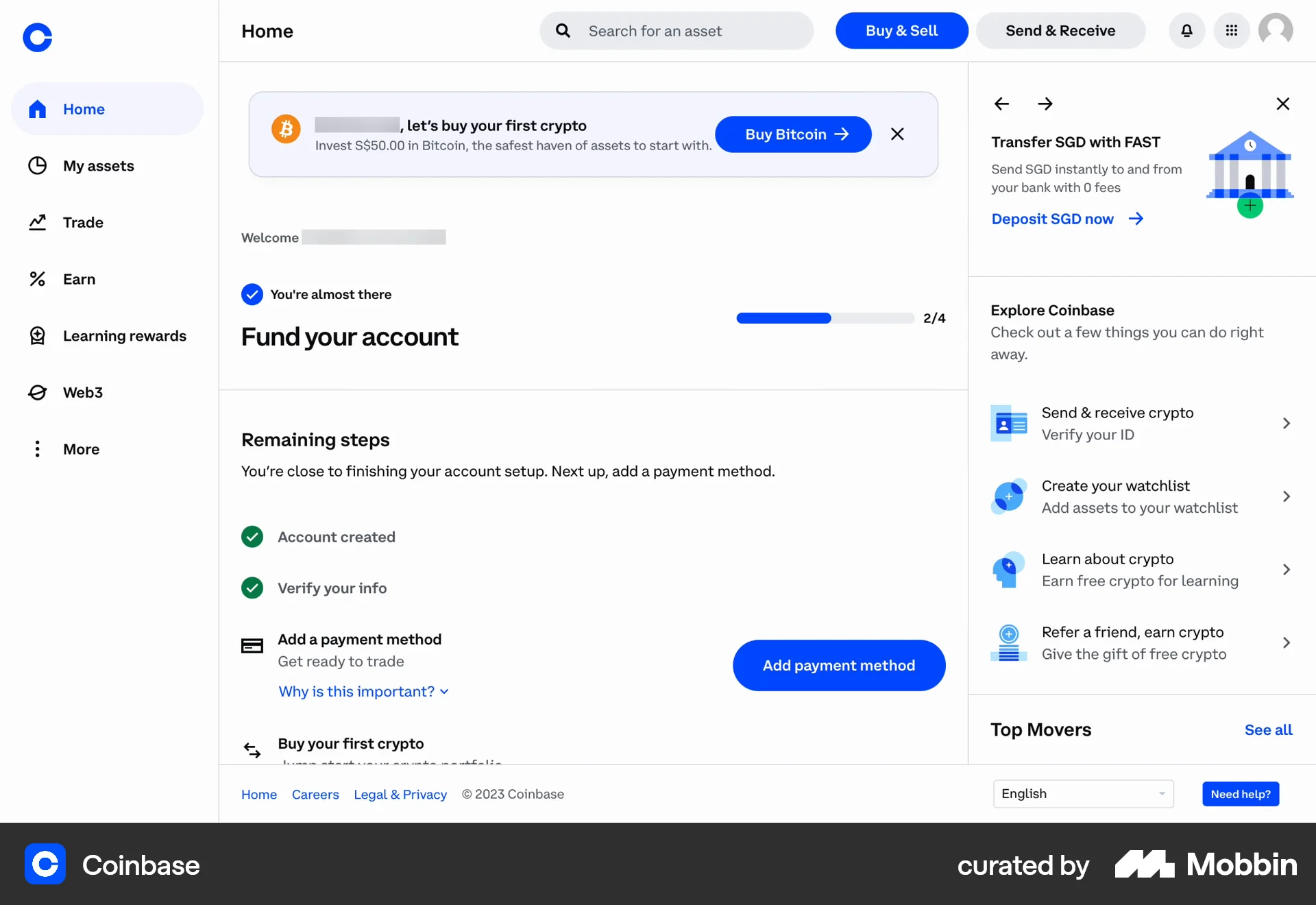 Coinbase Web Progress screen