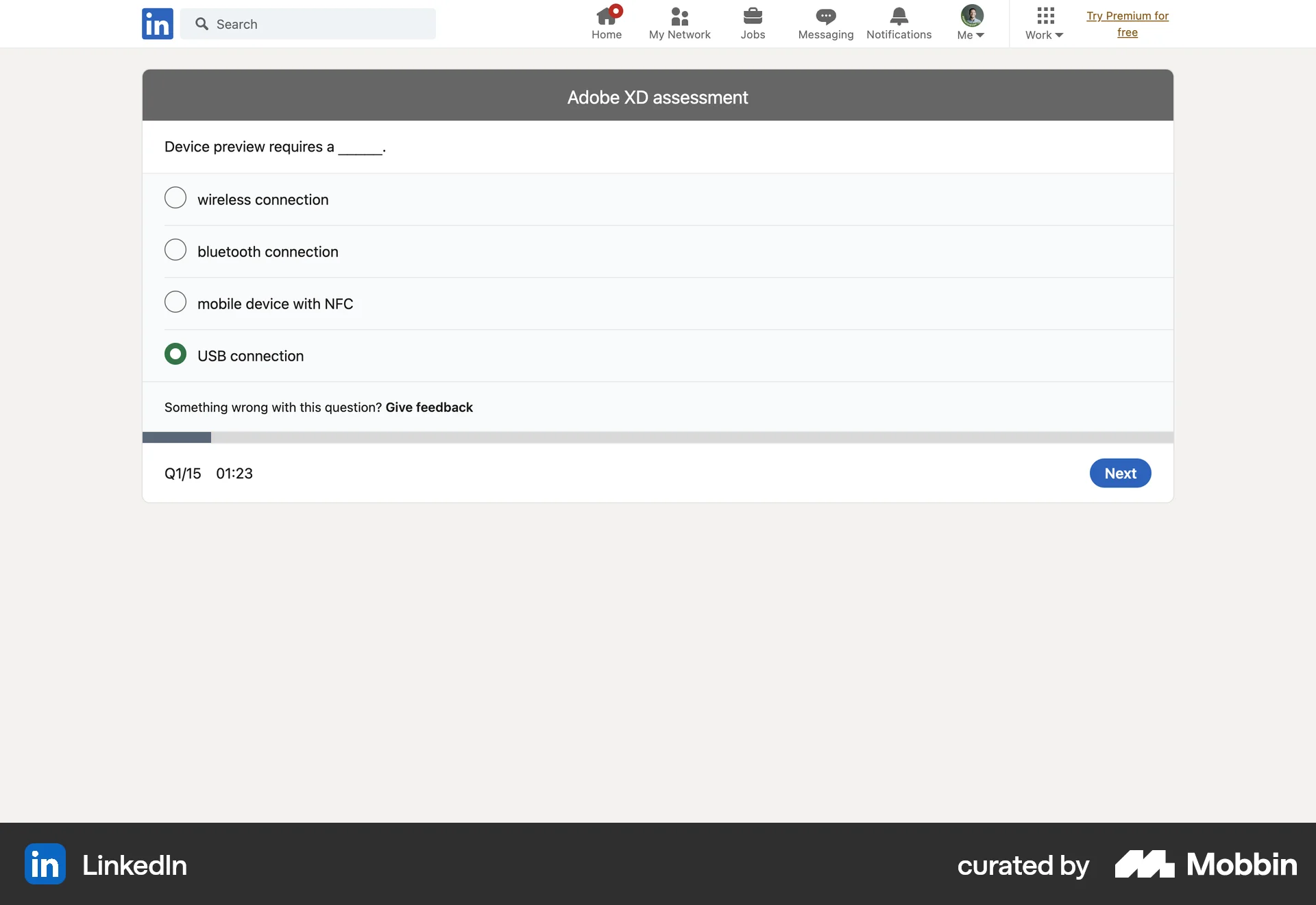LinkedIn Web Quiz screen