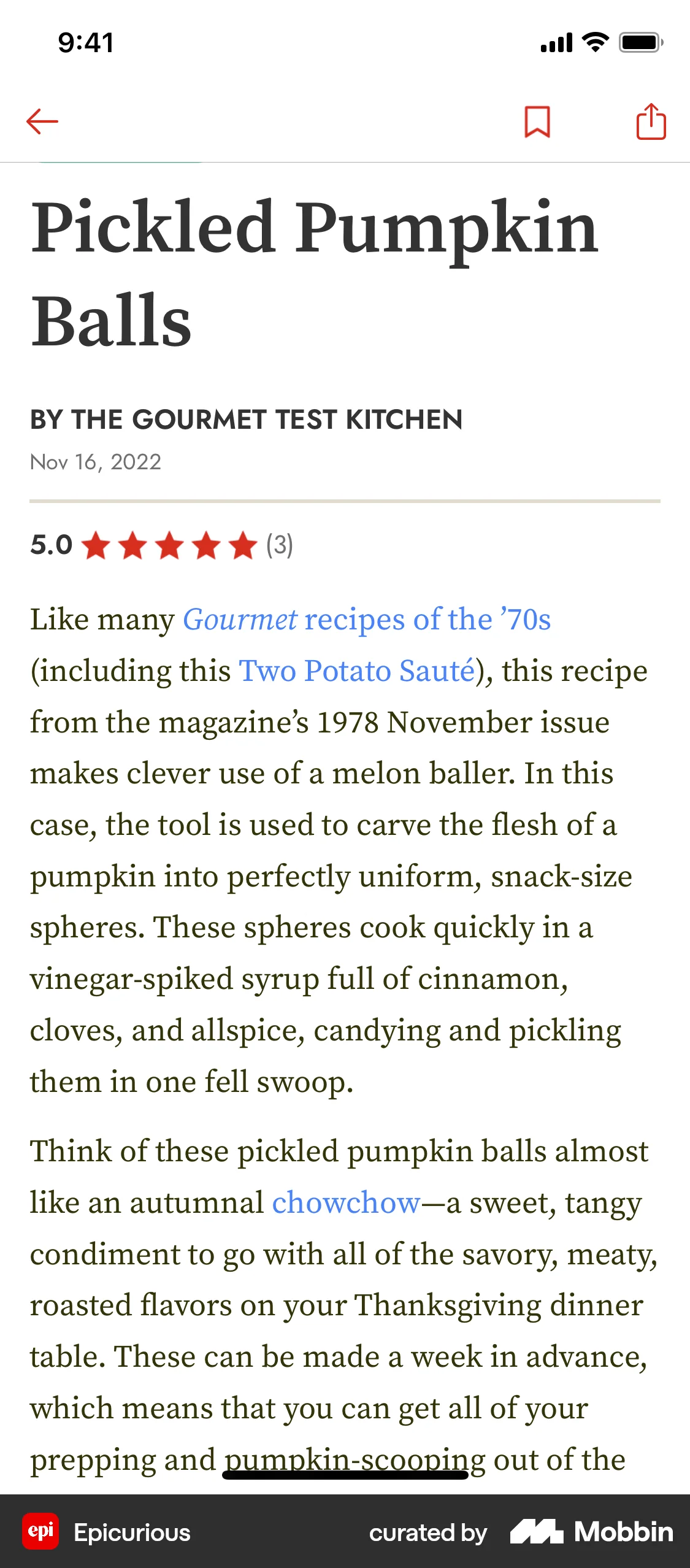 Epicurious iOS Recipe Detail screen