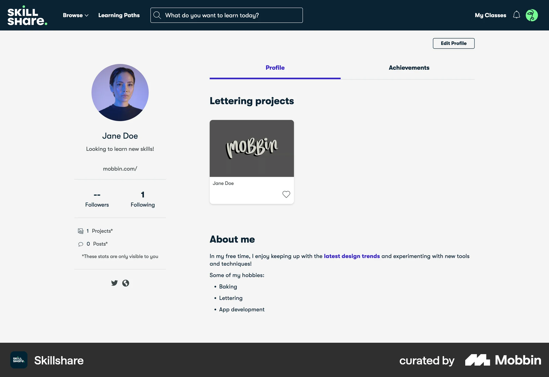 Skillshare Web My Account & Profile screen