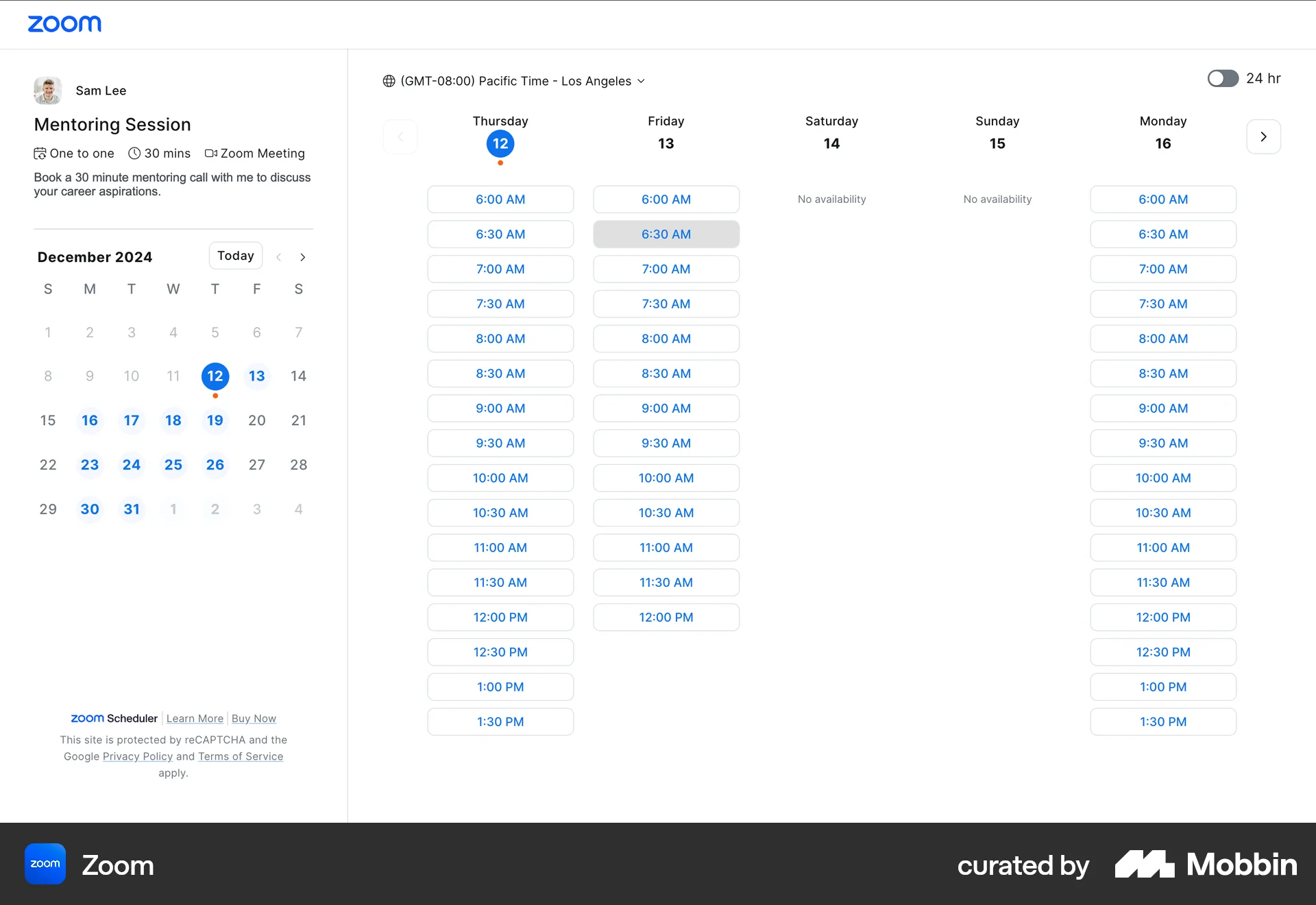 Zoom Web screen containing Time Picker UI element