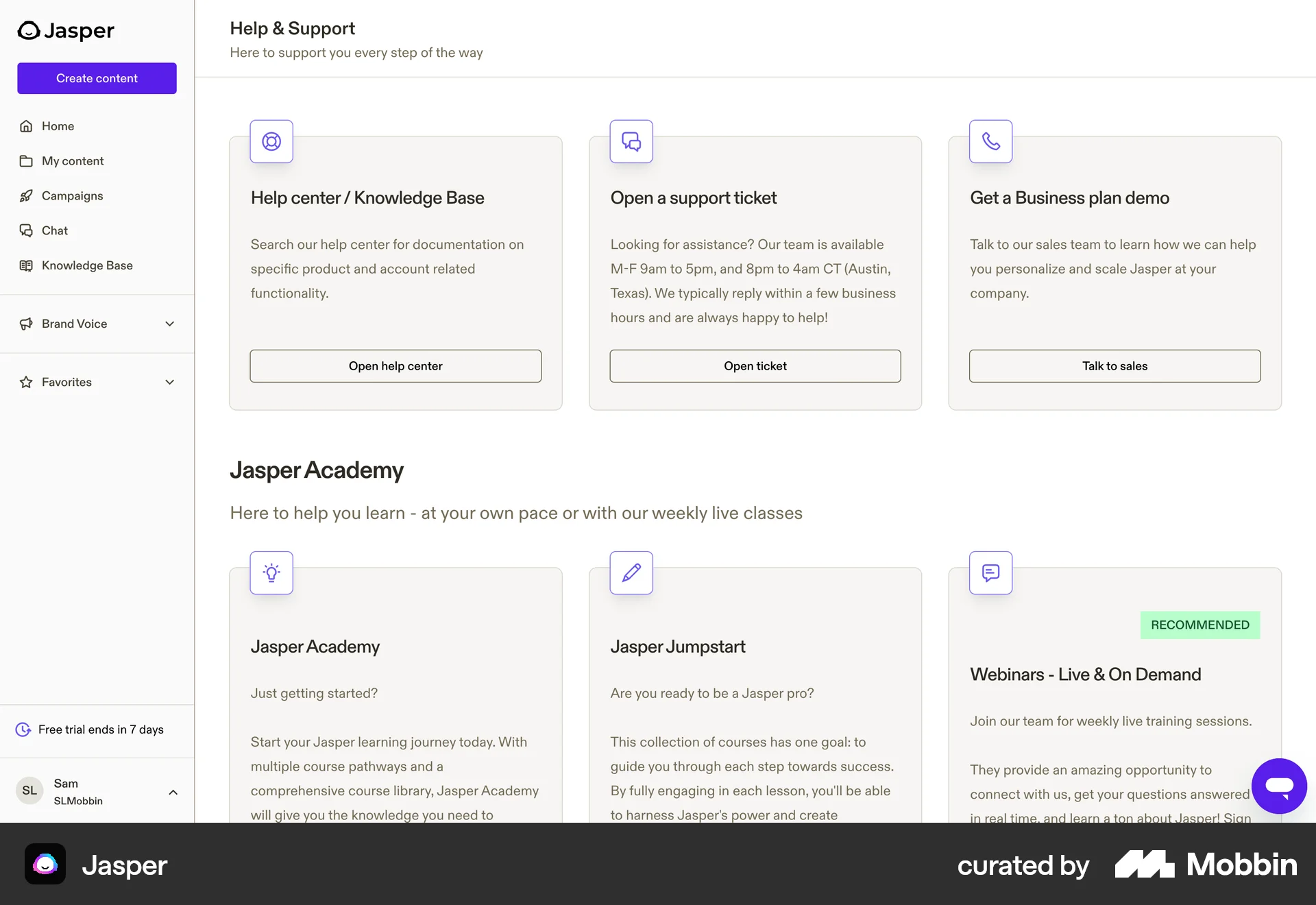 Jasper Web Help & Support screen
