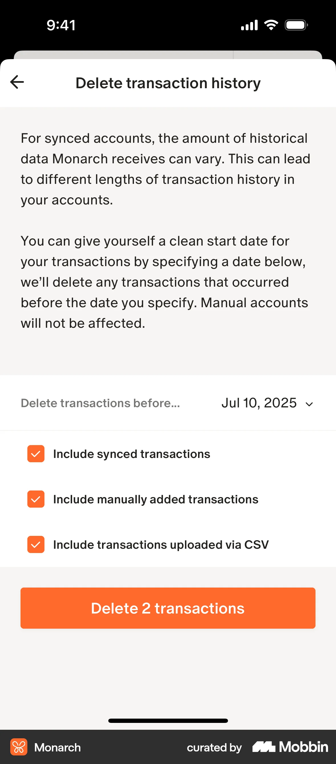 Monarch iOS Delete screen