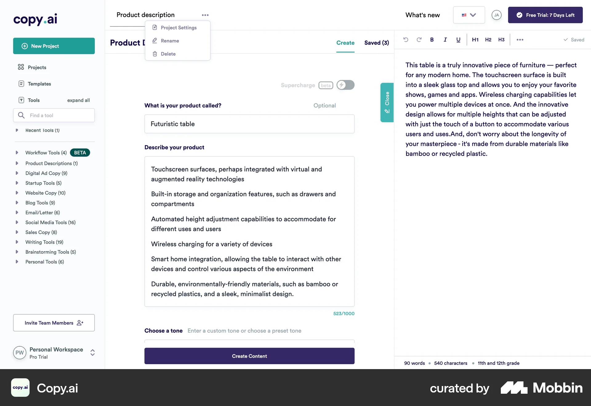 Copy.ai Web Action Option screen