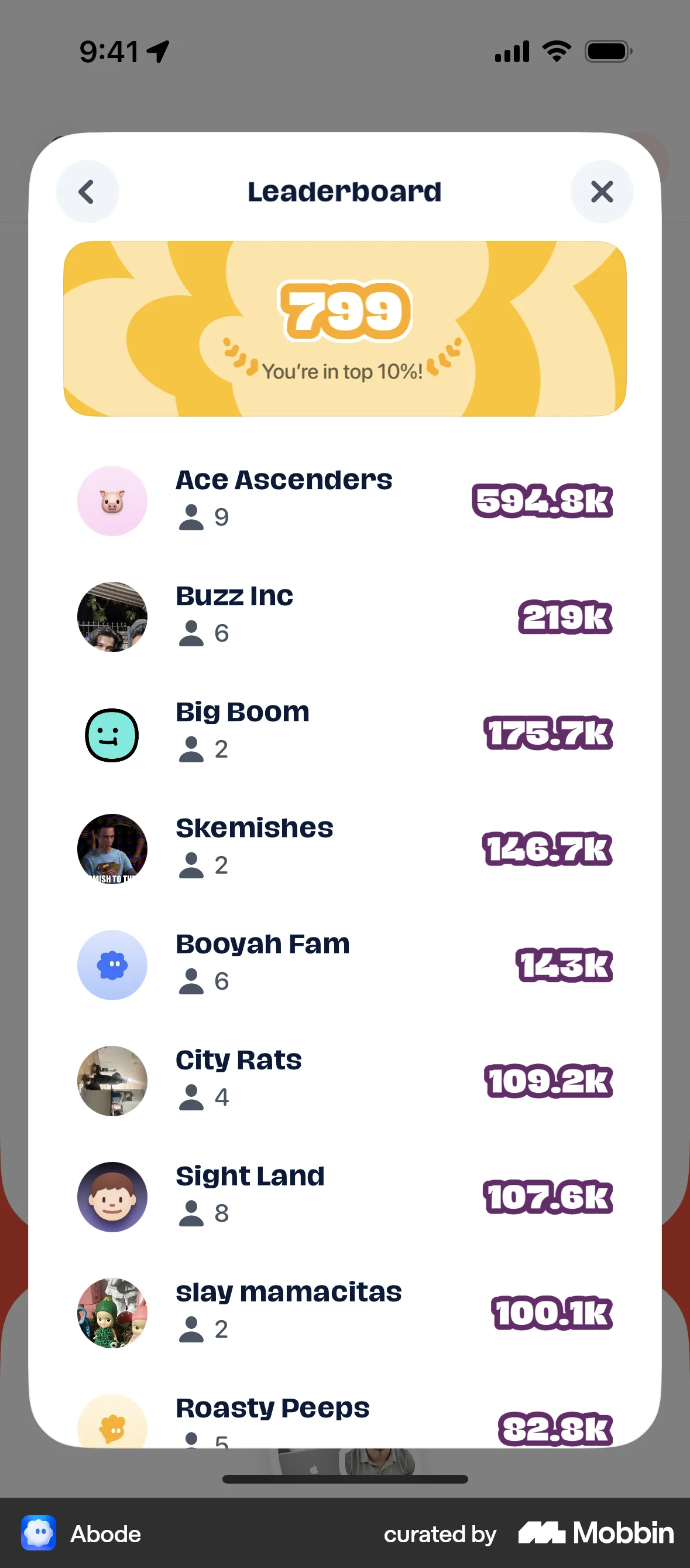 Abode iOS Leaderboard screen