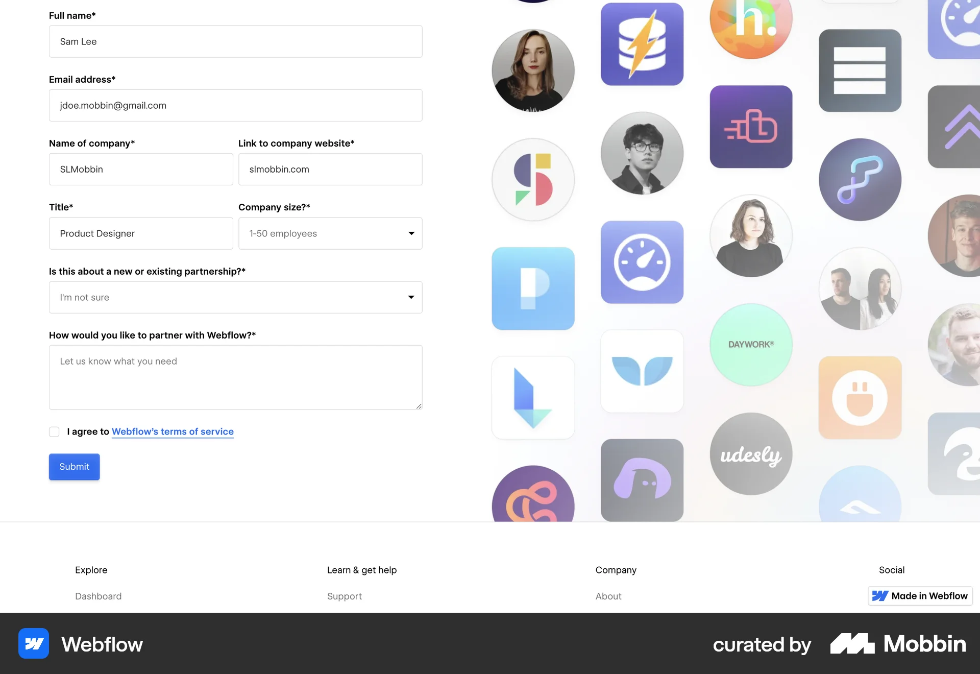 Webflow Web Web Form UI screen