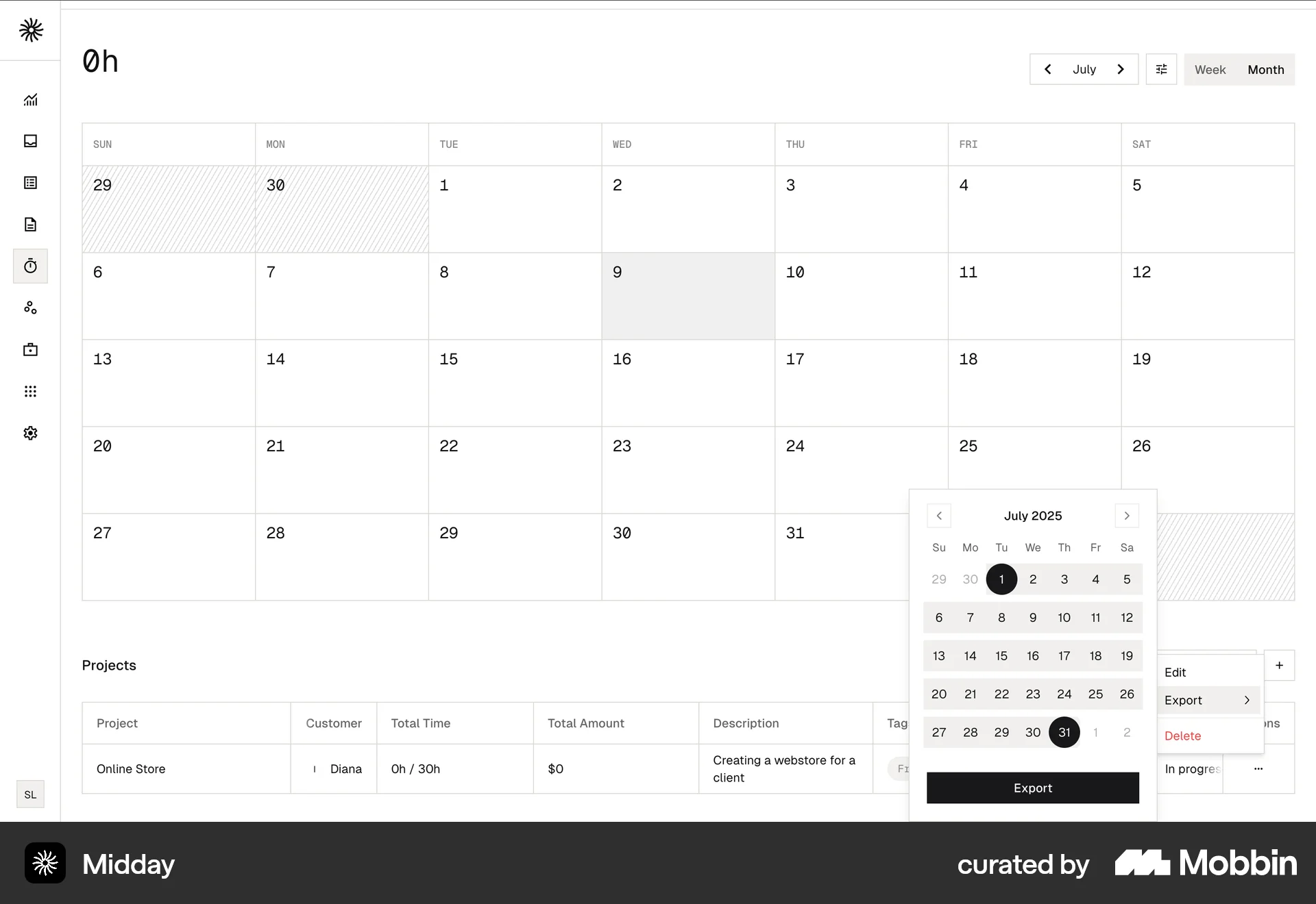 Midday Web Import & Export screen