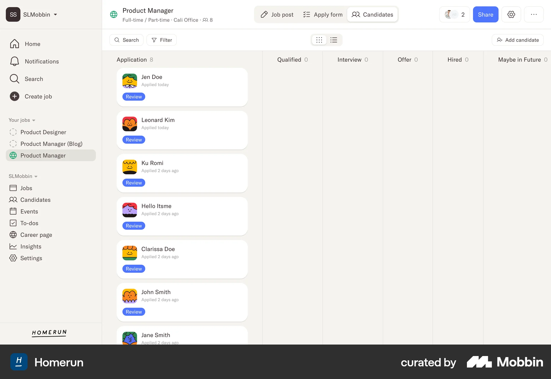 Homerun Web Kanban Board screen