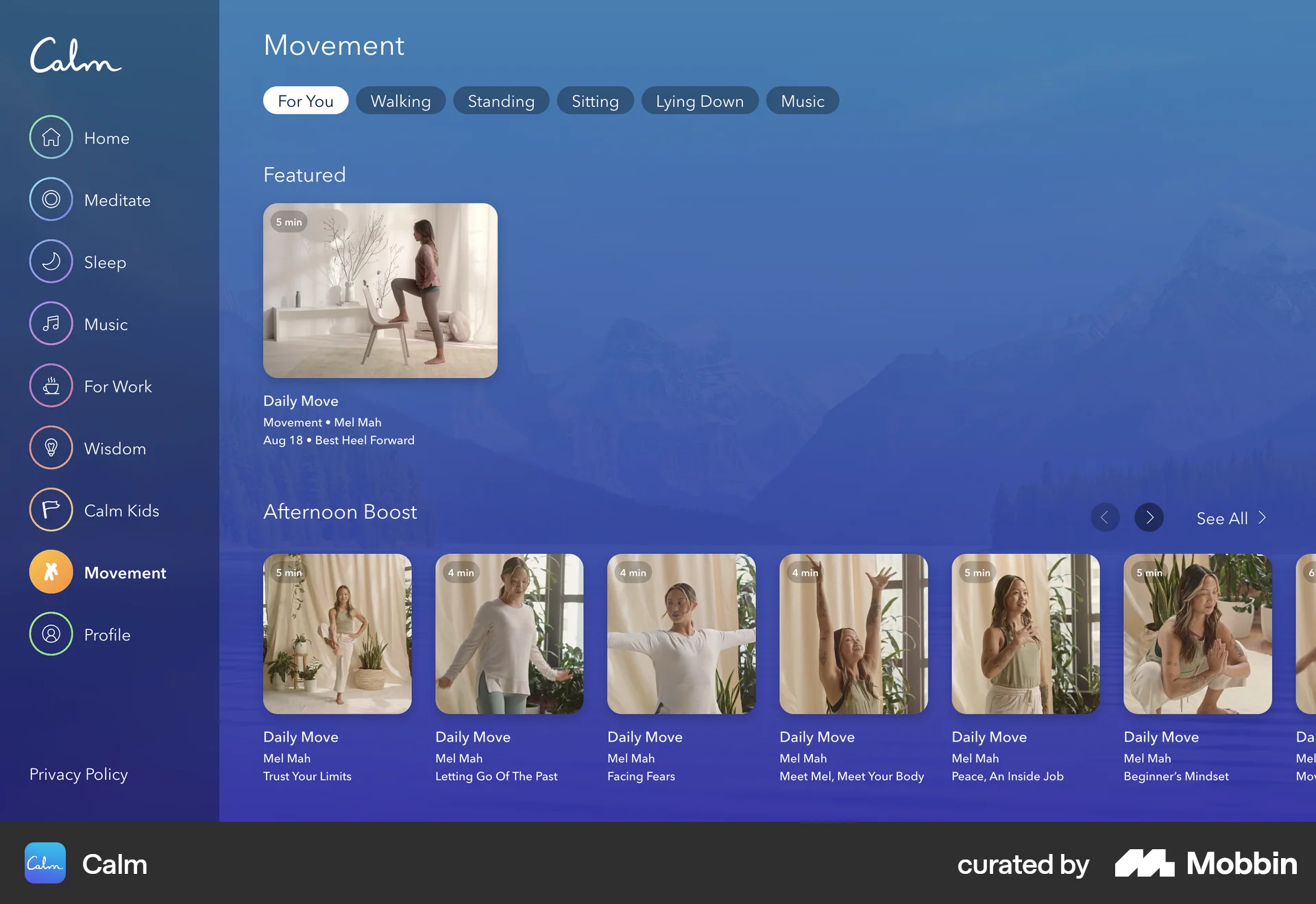 Calm Web Browse & Discover screen