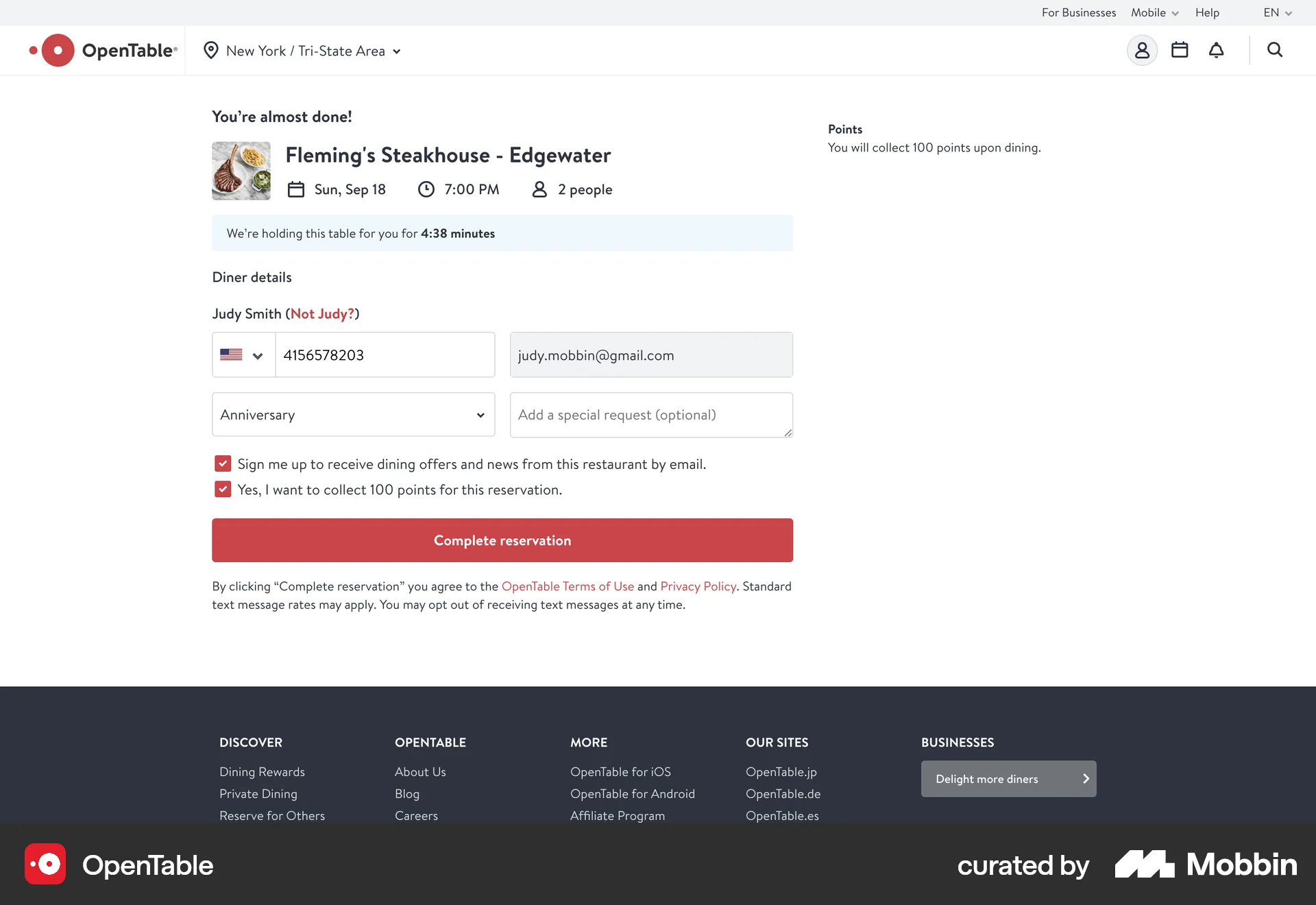 OpenTable Web Checkout screen