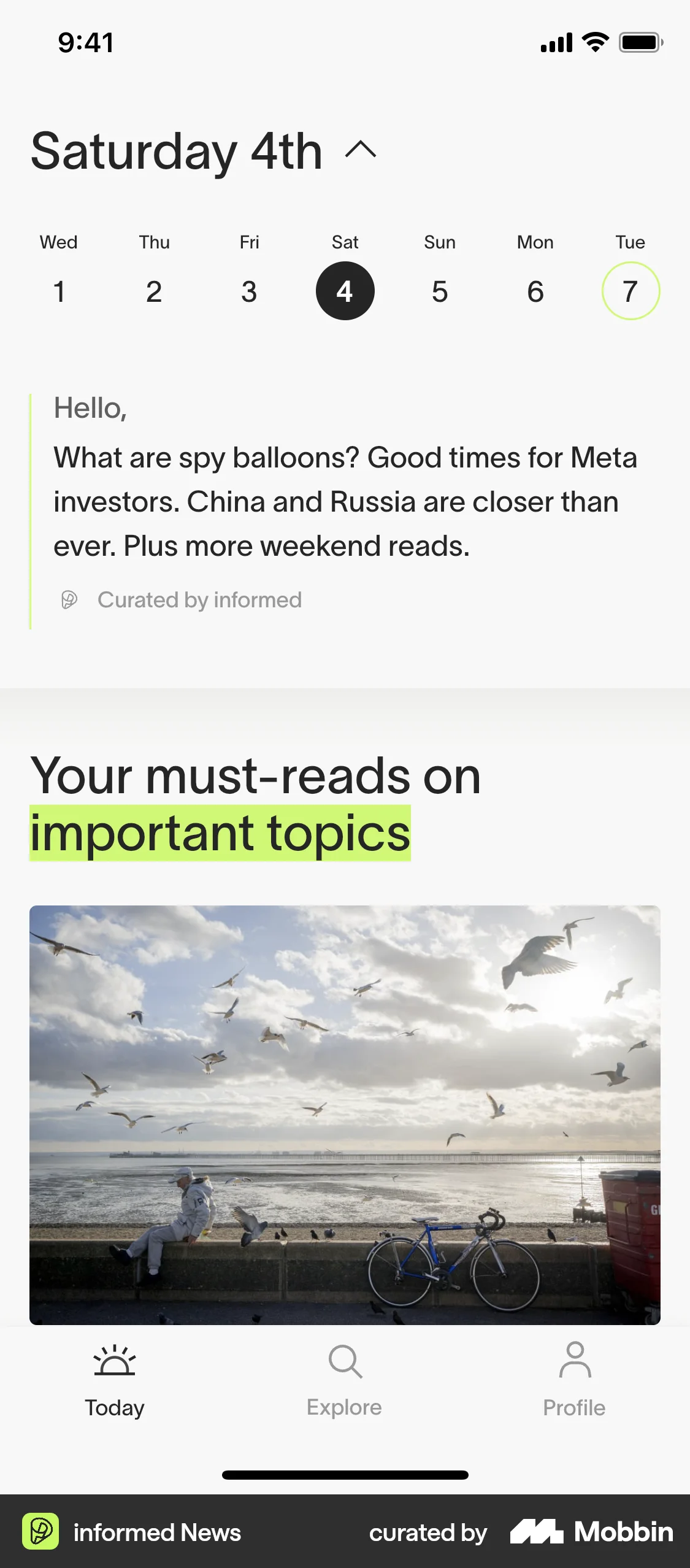 informed News iOS screen containing Date Picker UI element