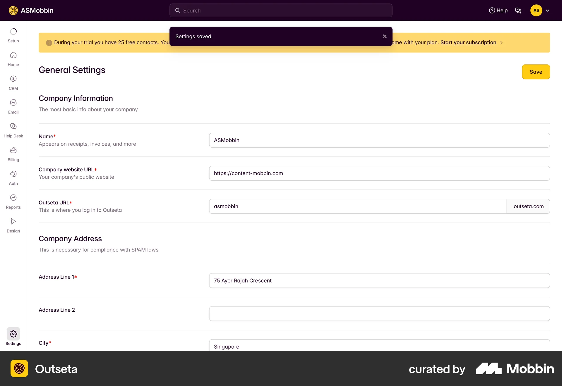 Outseta Web screen containing Toast UI element