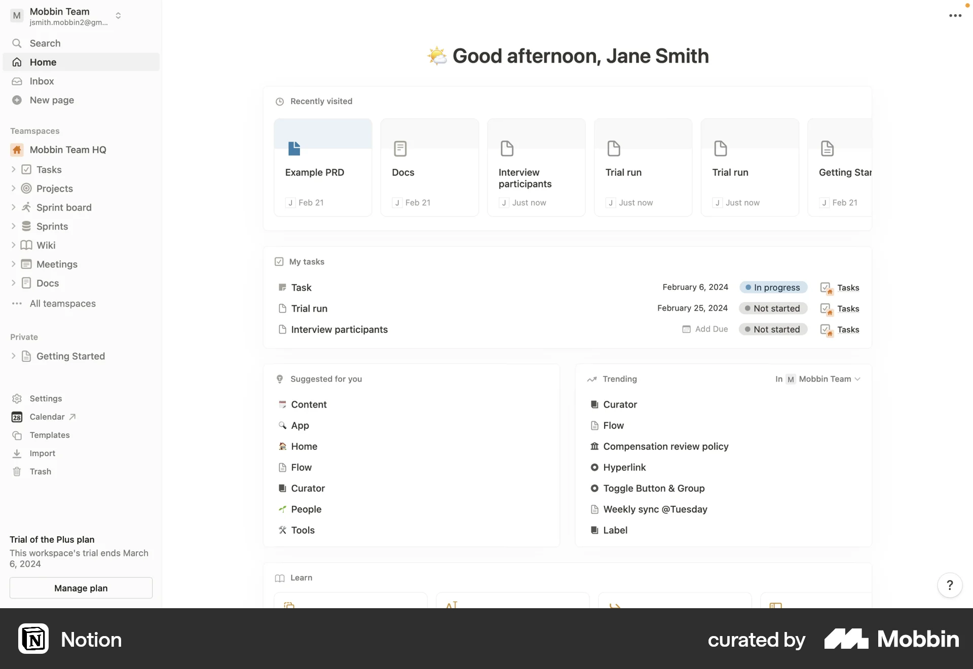 Notion Web Home screen