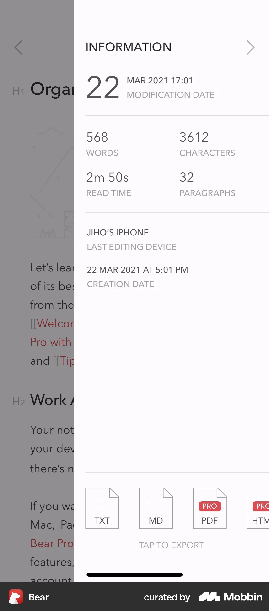 Bear iOS screen containing Drawer UI element