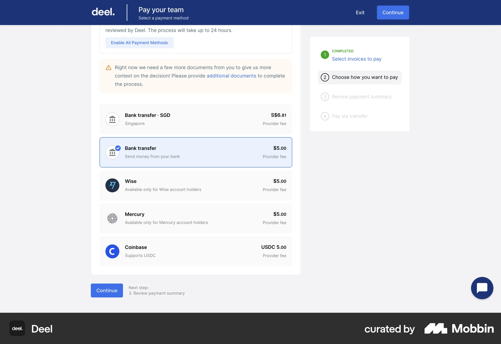 Deel Web Transfer & Send Money screen
