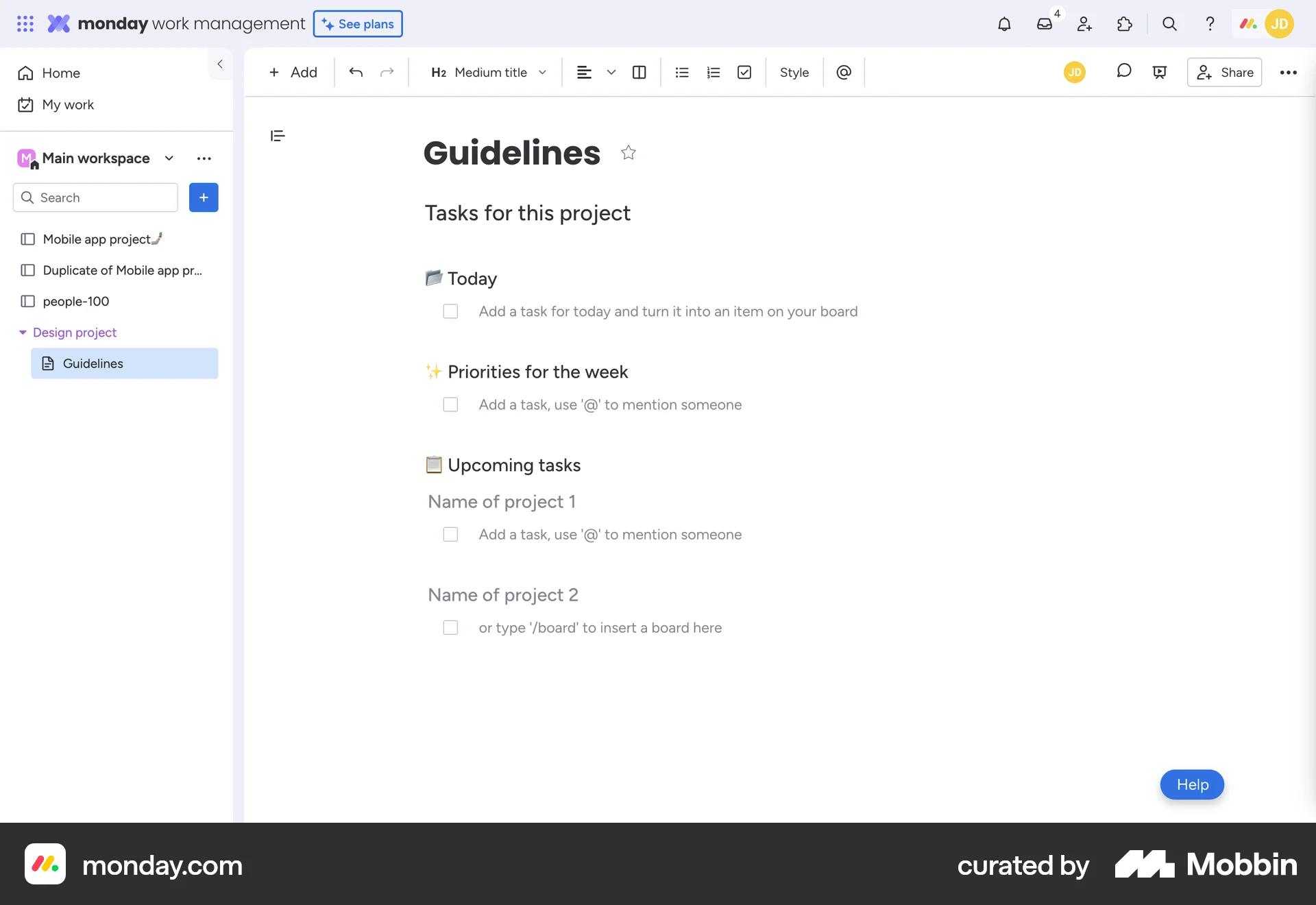 monday.com Web Note Detail screen