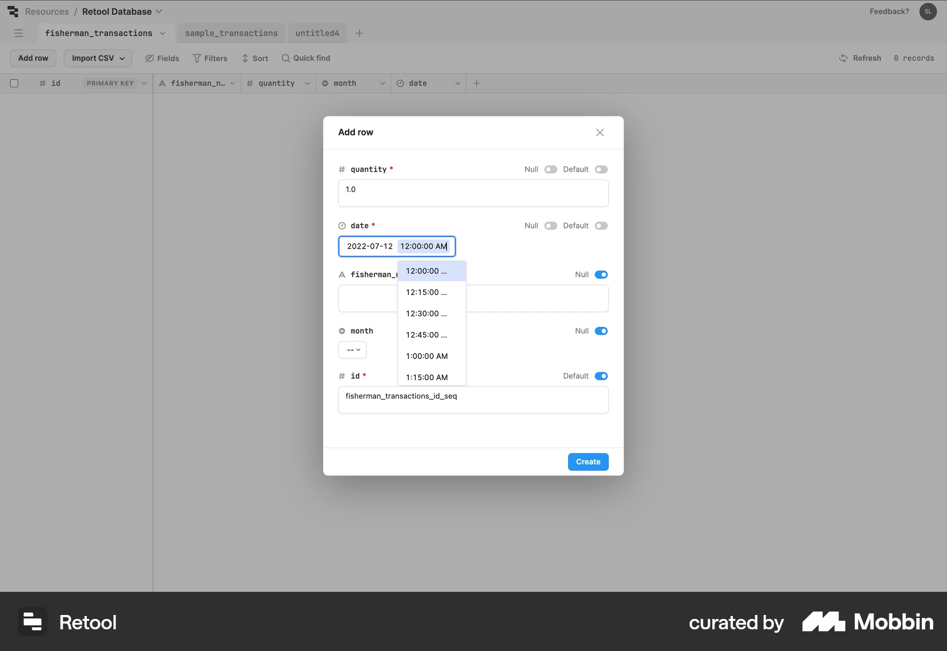 Retool Web screen containing Time Picker UI element