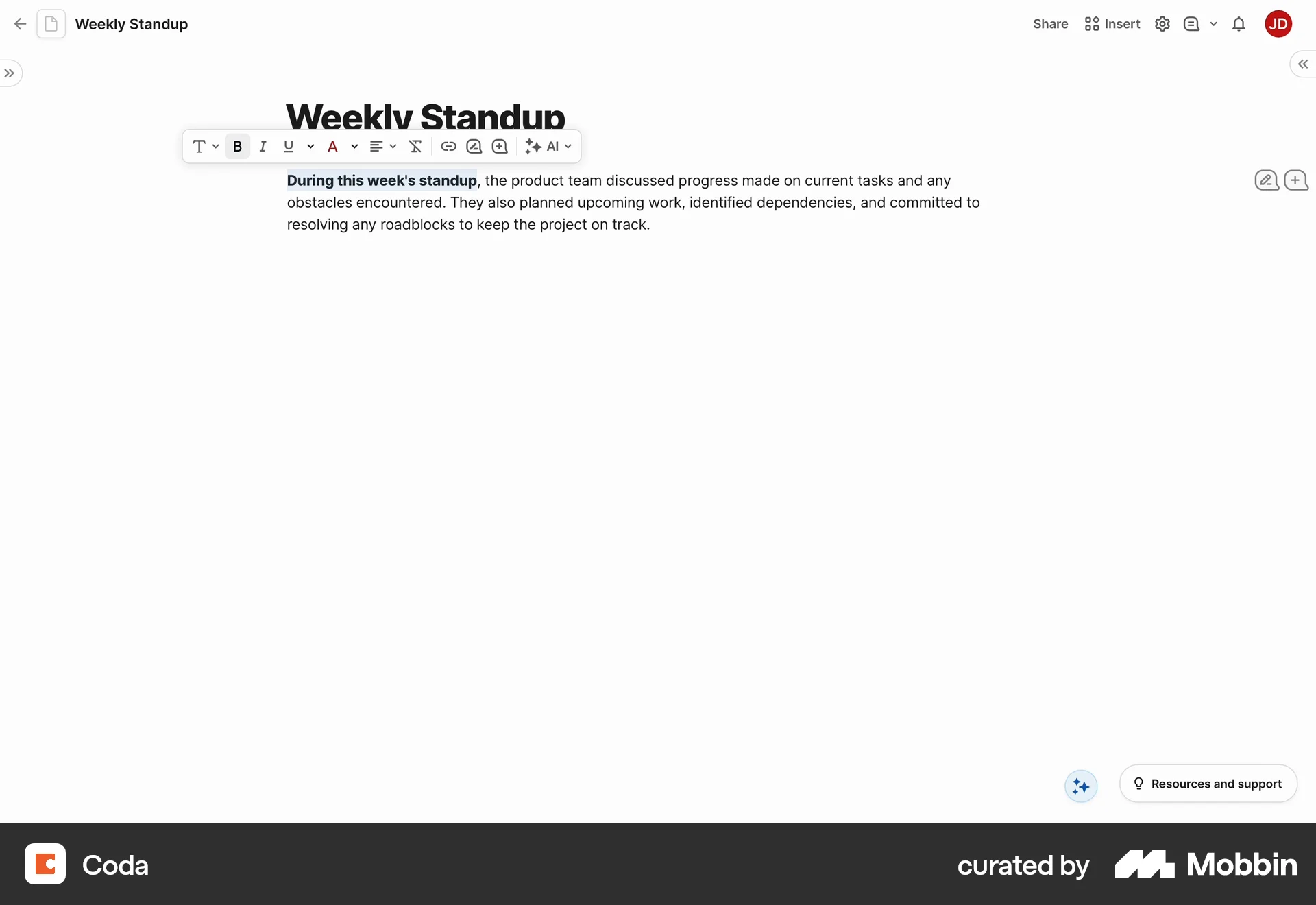 Coda Web screen containing Toolbar UI element