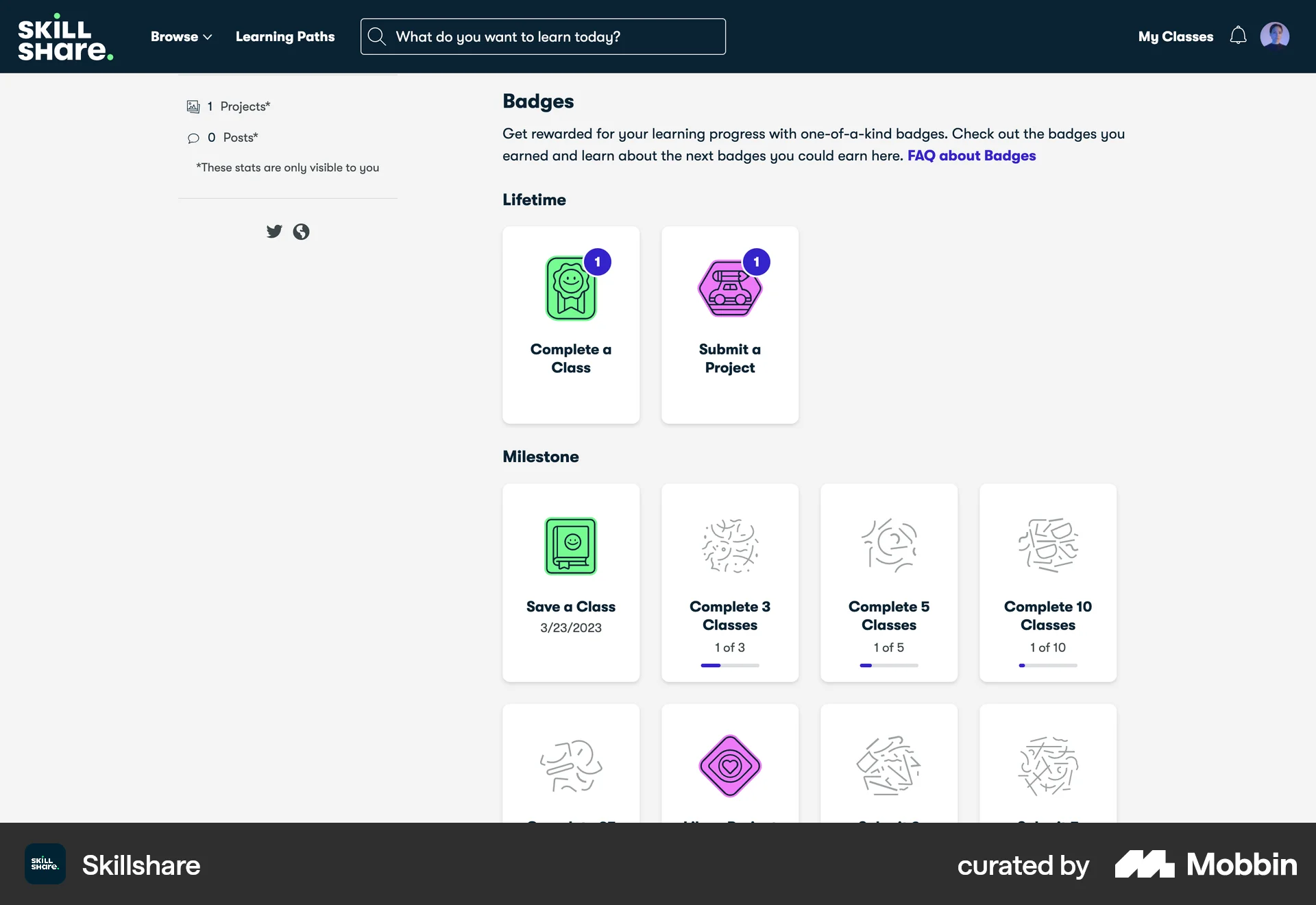Skillshare Web Achievements & Awards screen
