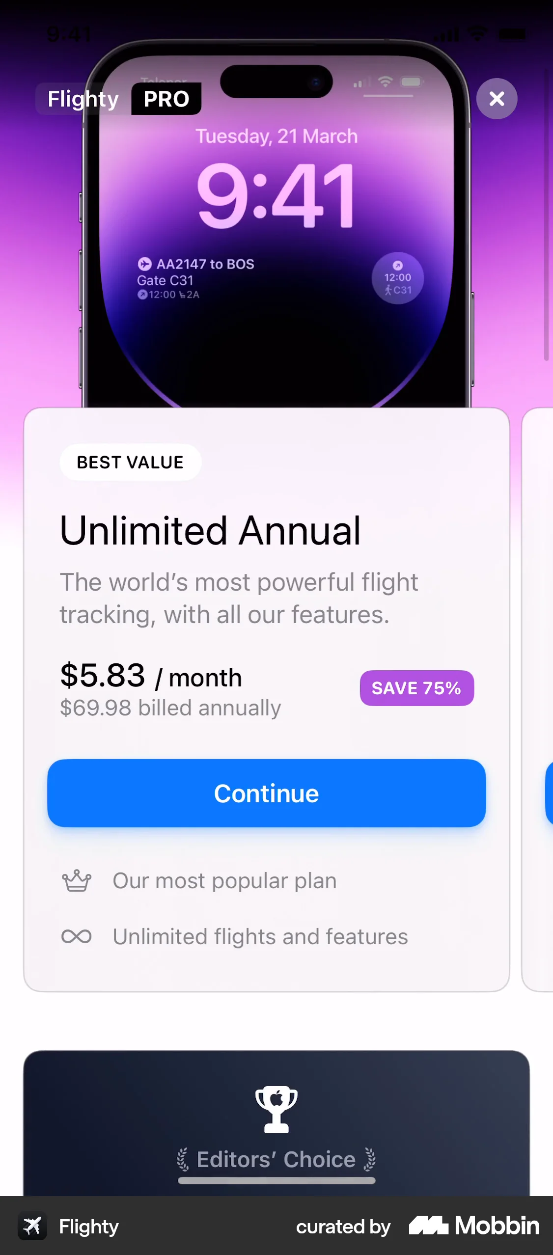 Flighty iOS Subscription & Paywall screen