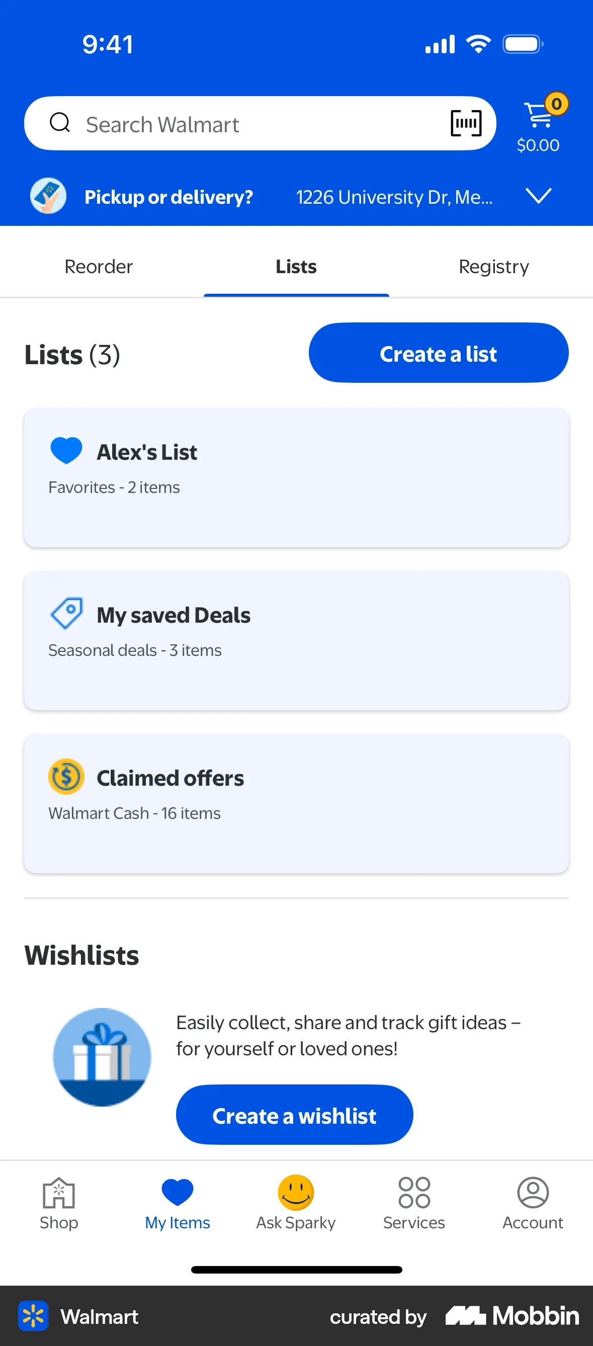 Walmart iOS Bookmarks & Collections screen