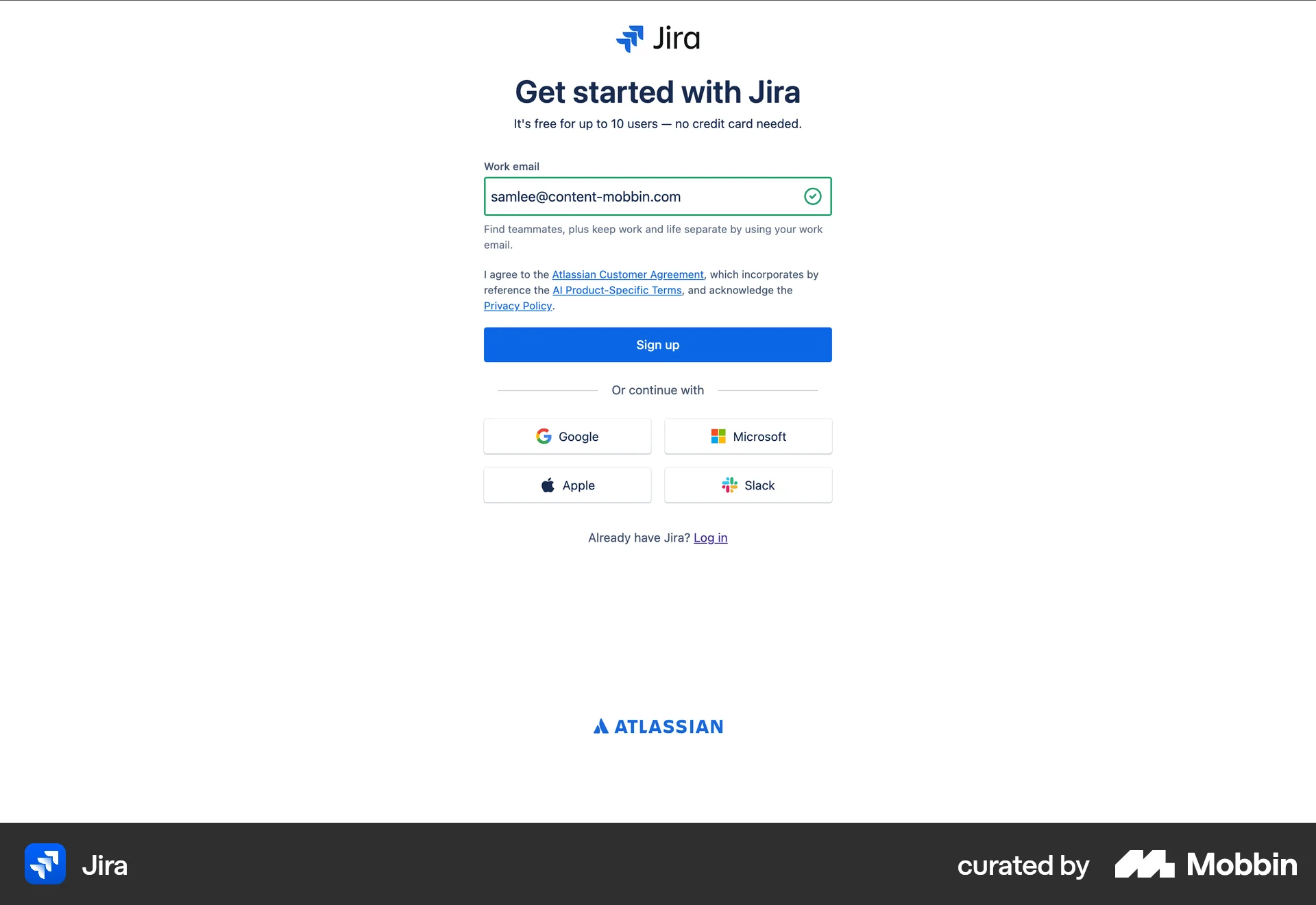 Jira Web Signup screen