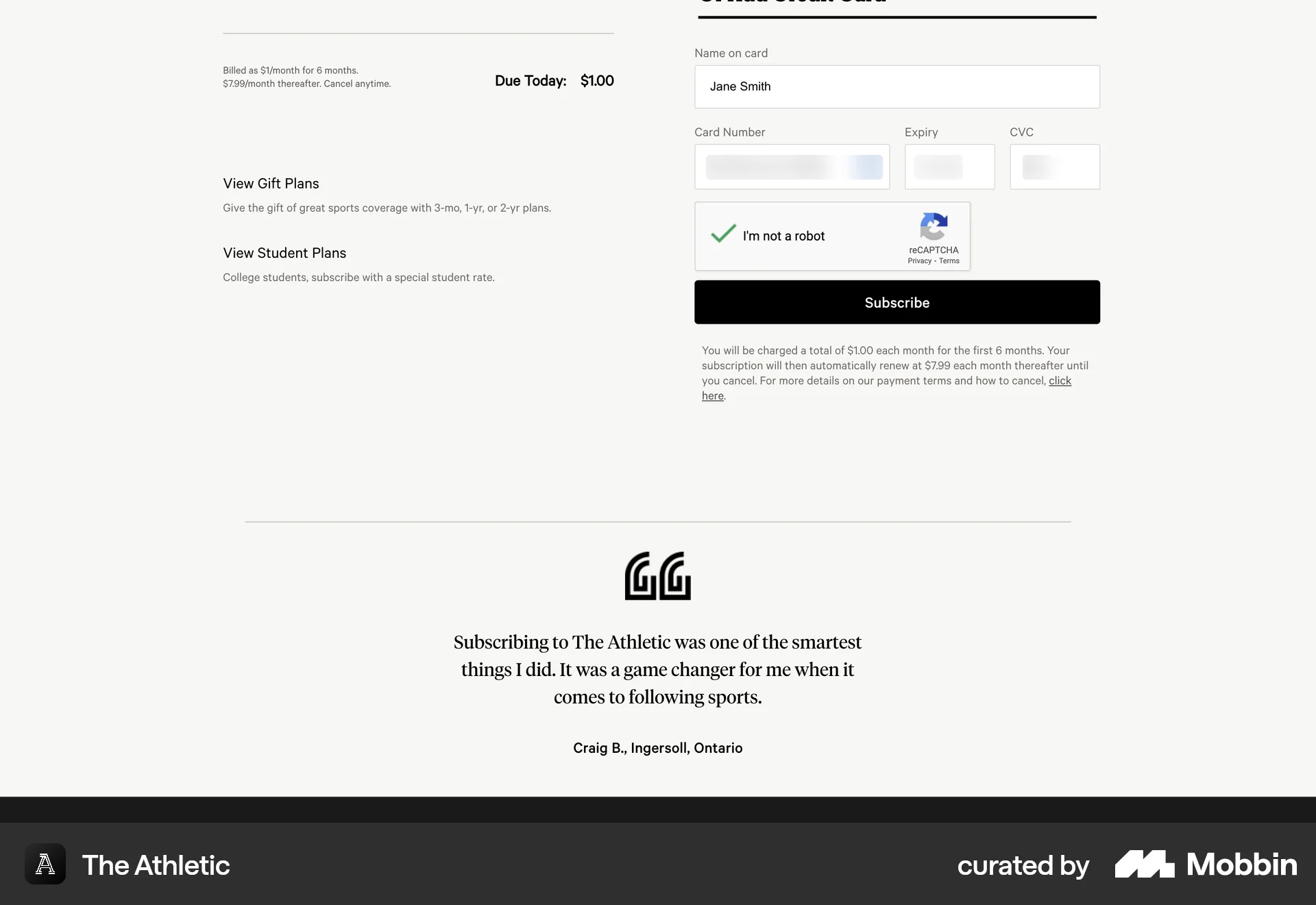 The Athletic Web Checkout screen