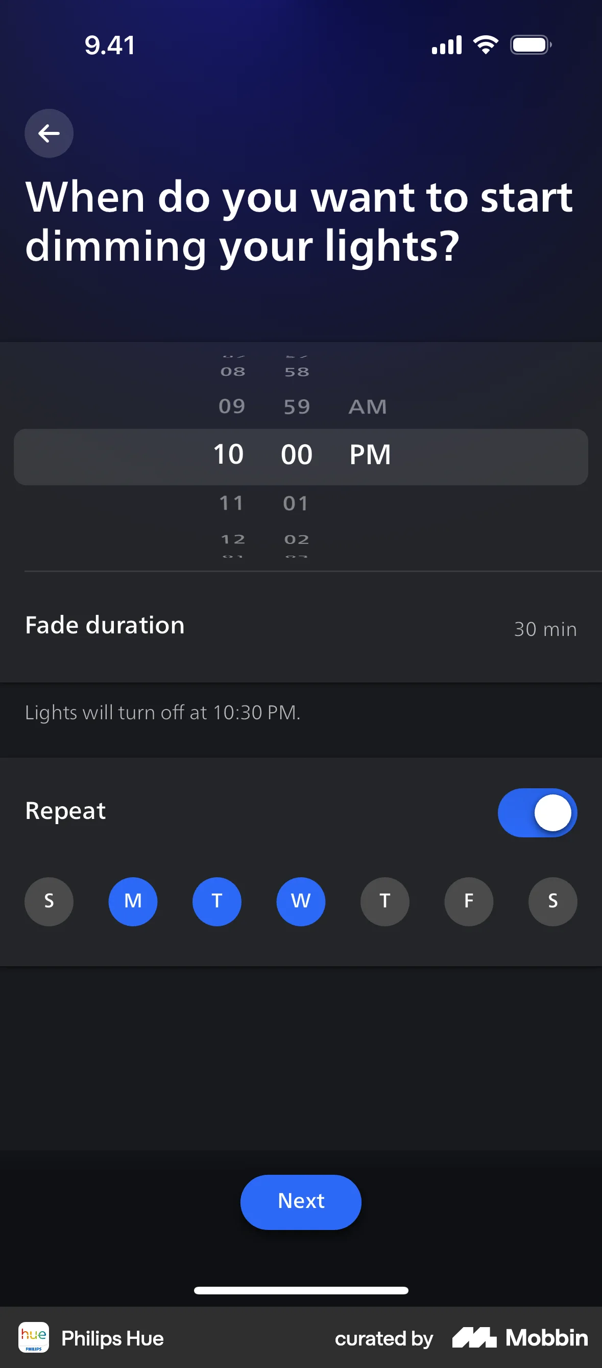 Philips Hue iOS screen containing Time Picker UI element