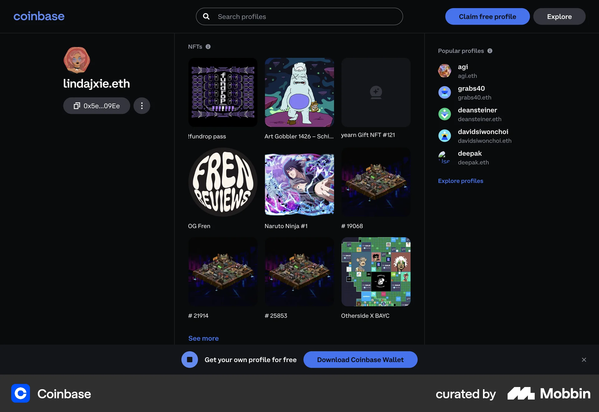 Coinbase Web User / Group Profile screen